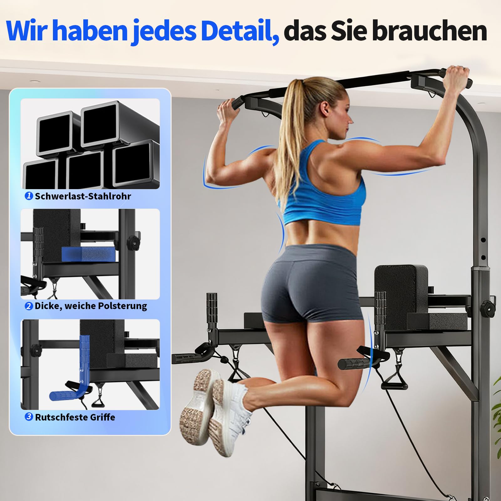 Power Tower Klimmzugstange Freistehend, Höhenverstellbar Klimmzug Dip Station Multifunktionales Heimfitness Gerät für Krafttraining und Körperübungen