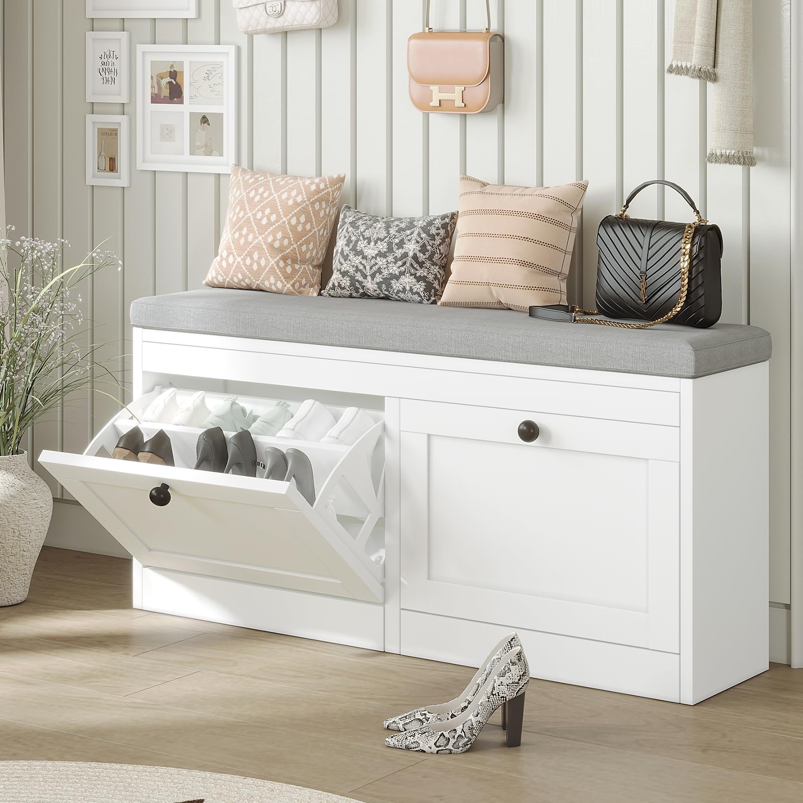 VOWNER Meuble Chaussures, Banc de Rangement à Chaussures, avec Coussin Confortable, Meuble d'entrée Rangement pour Chaussures, 106 x 31 x 52 cm, Séparateurs Réglables (Blanc)