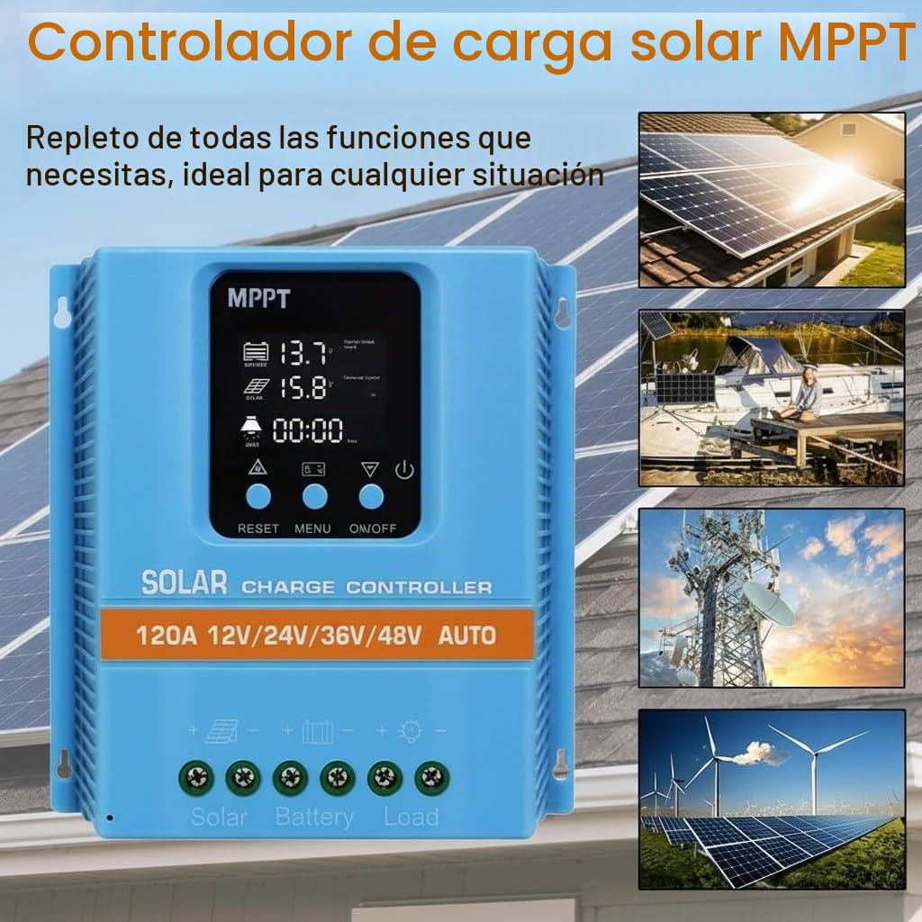 120A Solar Charge Controller 12V 24V 36V 48V Intelligent Recognition LCD Display Battery Intelligent Regulator Maximum 100V Input Dual USB for Lead Acid/Lithium Battery
