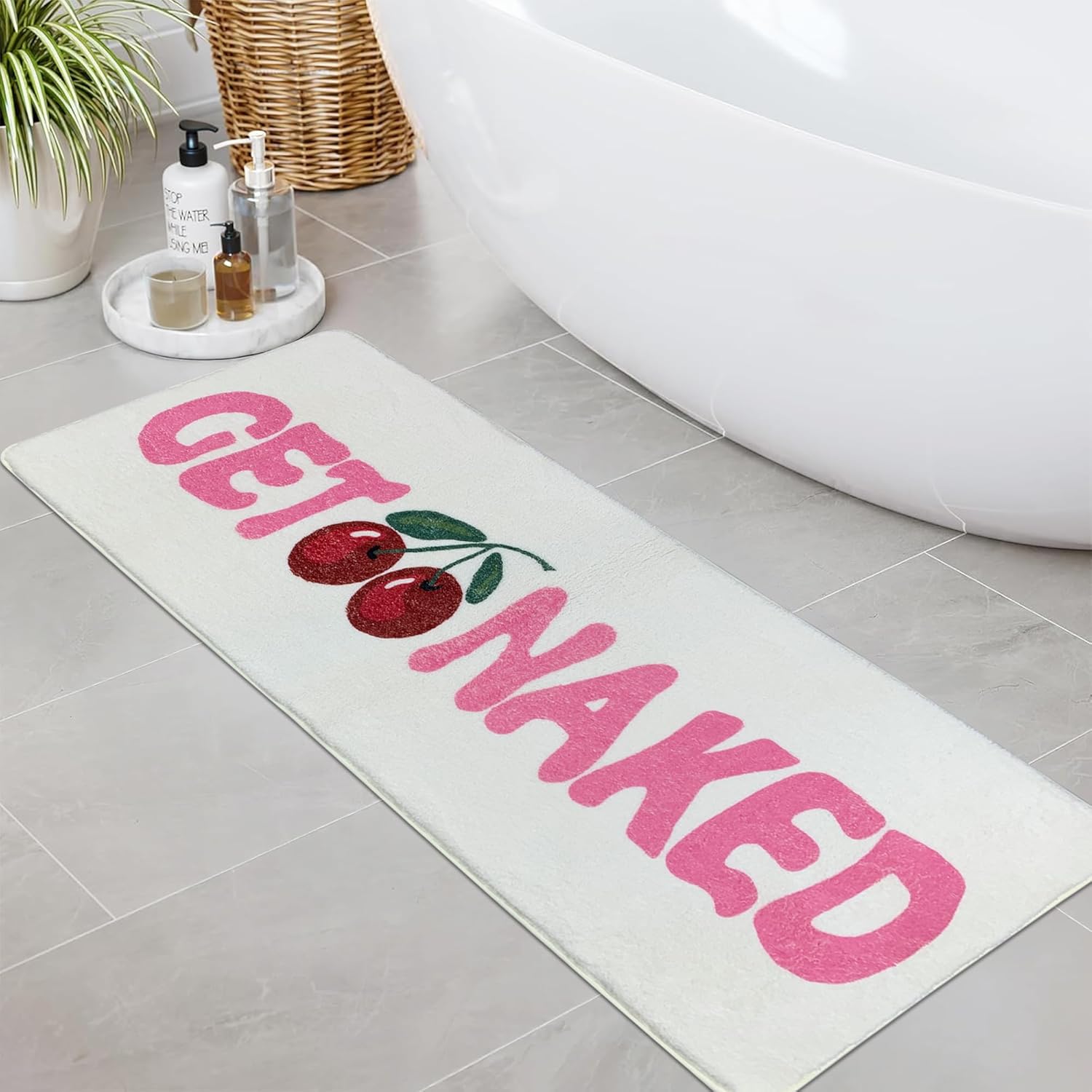 SHIYUE Get Naked Bath Mat Pink Cute Funny Bathroom Rug, Soft Absorbent Water Non Slip, Superior Washable Microfiber Cool Shower Preppy Decor Rug (Cherry 17"x48")