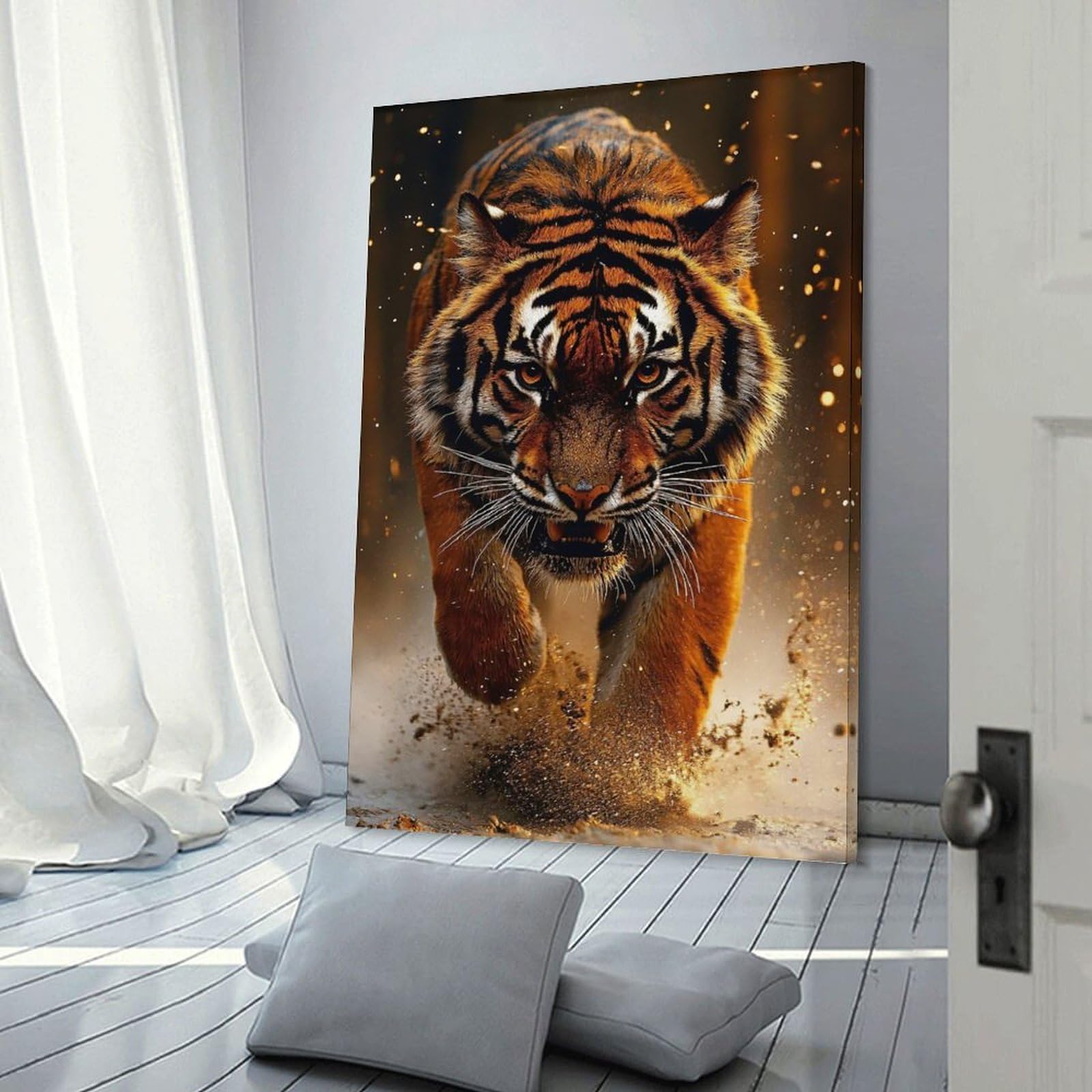 Junmoney Tiger Charging Forward Home Decor Wall Art, 20x30inch(50x75cm), for Apartment Walls, Studios Or Work Areas, Decorative Canvas Decor for Home Updates