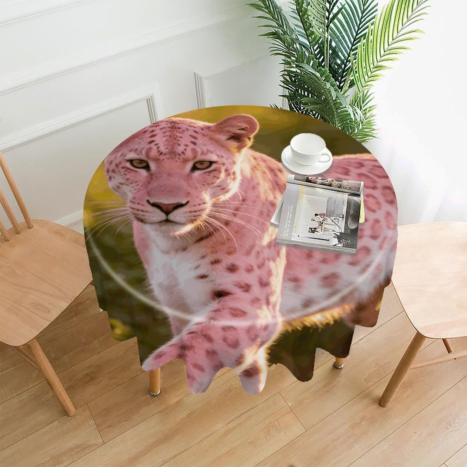 LZQPOEAS Pink Leopard Tablecloth Easy to Clean Polyester Round Table Cover Washable Round Table Cloth Wrinkle-Free Circle Decoration Tablecloth for Kitchen and Dining Room 60"