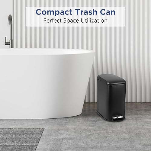 Miniatura 4 de BestOffice Cubo de basura delgado con tapa, pedal de 1.3 galones, cubo de basura pequeño de acero inoxidable negro para baño, dormitorio, cocina,