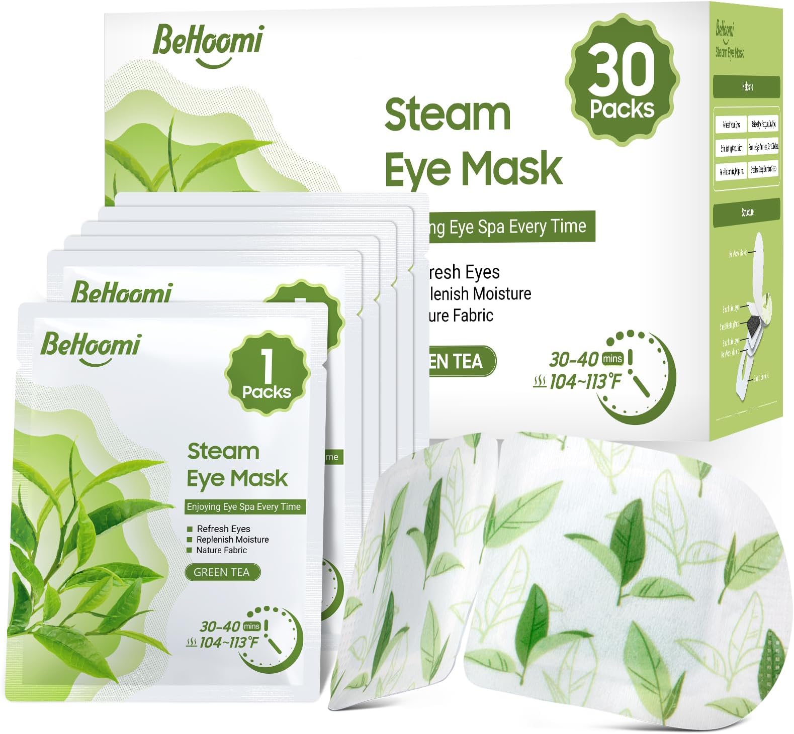 BeHoomi 30Packs Steam Eye Mask, Heated Eye Mask Warm Compress for Eyes, Self Heating Disposable Steam Mask for Home Sleep, Spa, Travel Essentials & Relaxation Gifts, Stocking Stuffers (Green Tea)