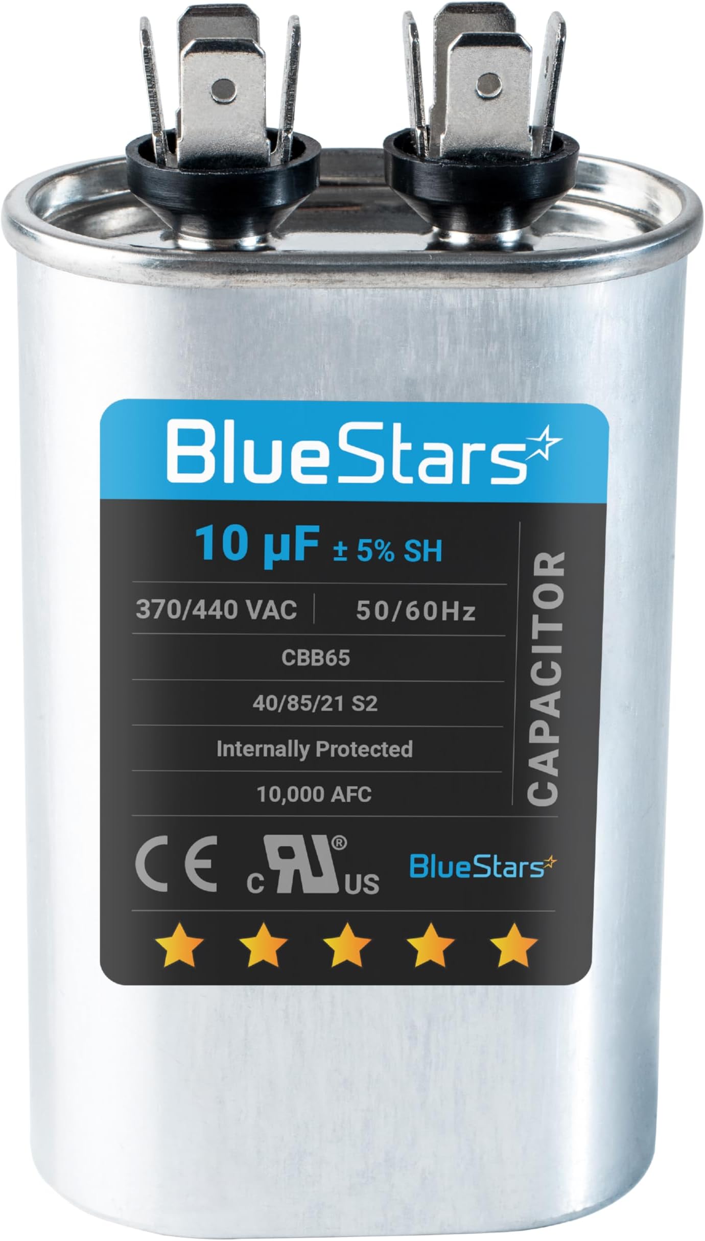 [UL Listed] BlueStars 10 uF ±5% MFD 370/440V CBB65 CBB65A Oval Run Start Capacitor Replacement Part - Air Conditioner Capacitors For AC Unit Fan Motor Start or Pool Pump or Air Condenser Straight Cool