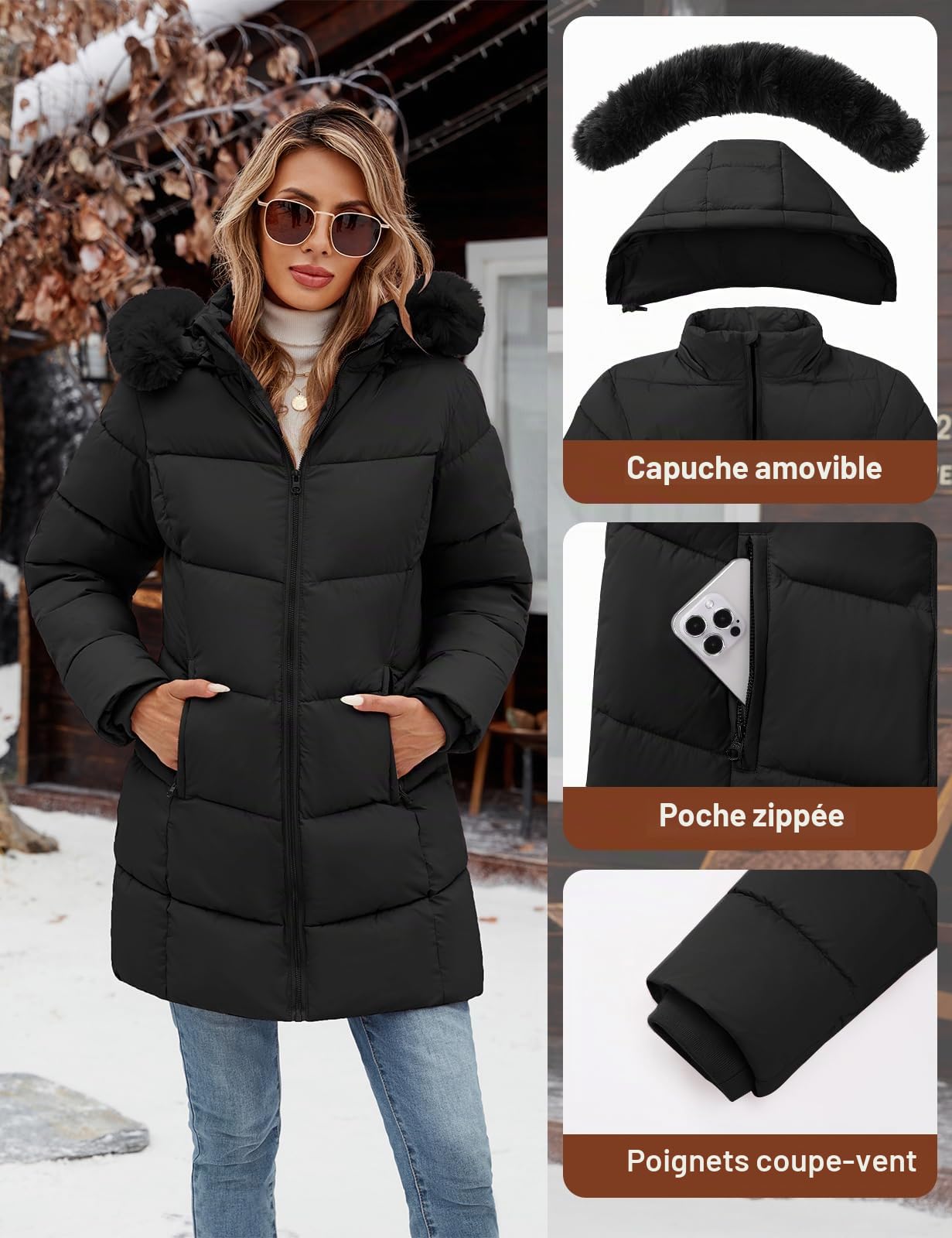 Tuopuda Manteau Femme Hiver Veste Polaire Chaud Parkas mi Longue Blouson Zippée à Capuche Coat Matelassée en Duvet Outercoat Slim Fit Coupe-Vent avec Poches