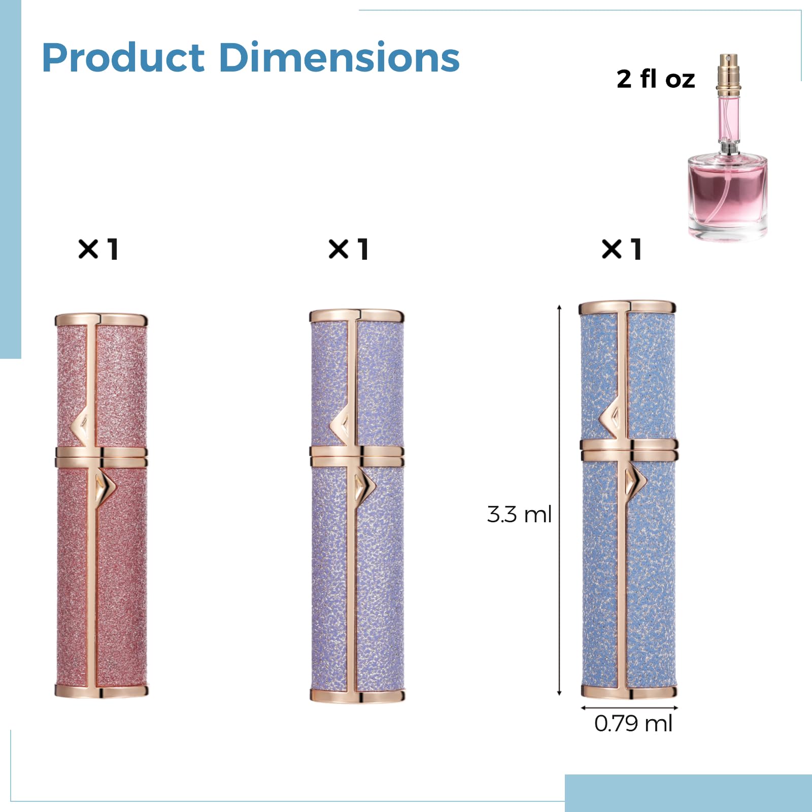 3 Stk. Reise-Parfümflaschen, 5 ml / 0,17 fl oz, tragbare nachfüllbare Mini-Parfüm-Zerstäuberflaschen mit Bodenbefüllung, Glitzer-Design, Pink, Lila, Blau