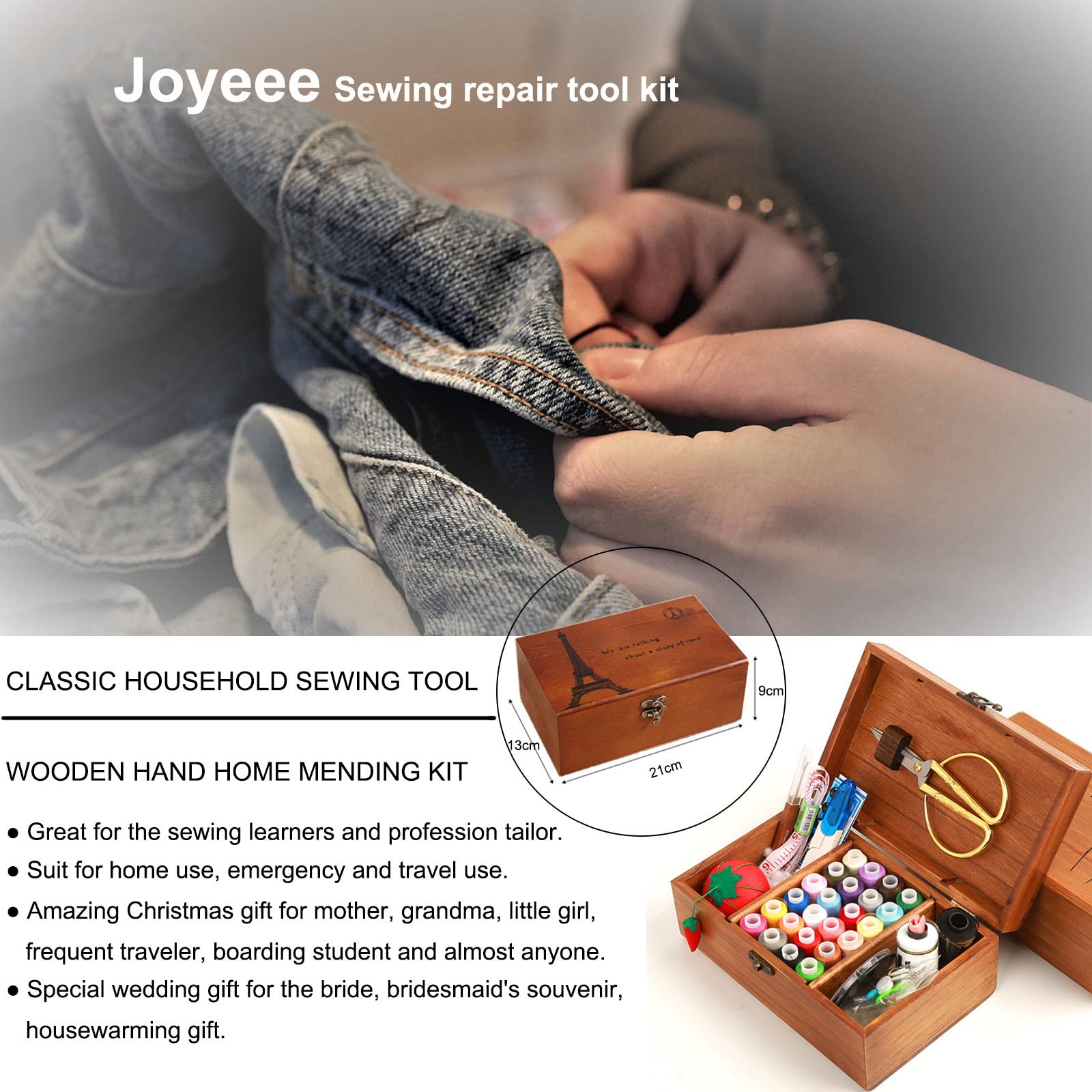 Joyeee Scatola da Cucito in Legno - Premium Cestino da Cucito Vintage con Accessori da Cucito Completi, Portatile Valigetta Sarta per Principianti, Casa e Emergenza Uso#3