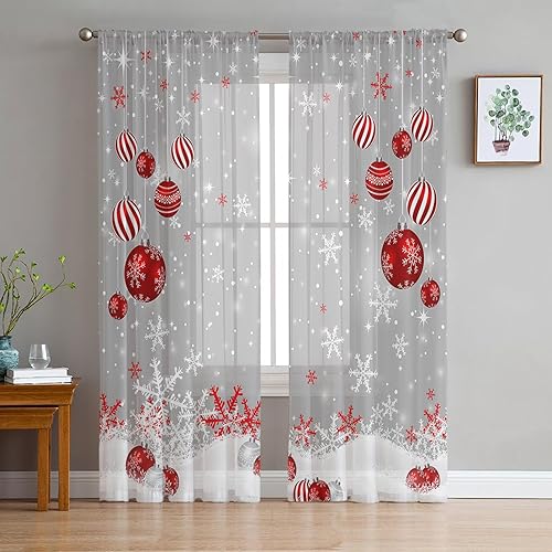 AMZRicher Cortinas traslúcidas de Navidad de 84 pulgadas de largo, juego de 2 paneles de cortinas semitransparentes con bolsillo para barra de