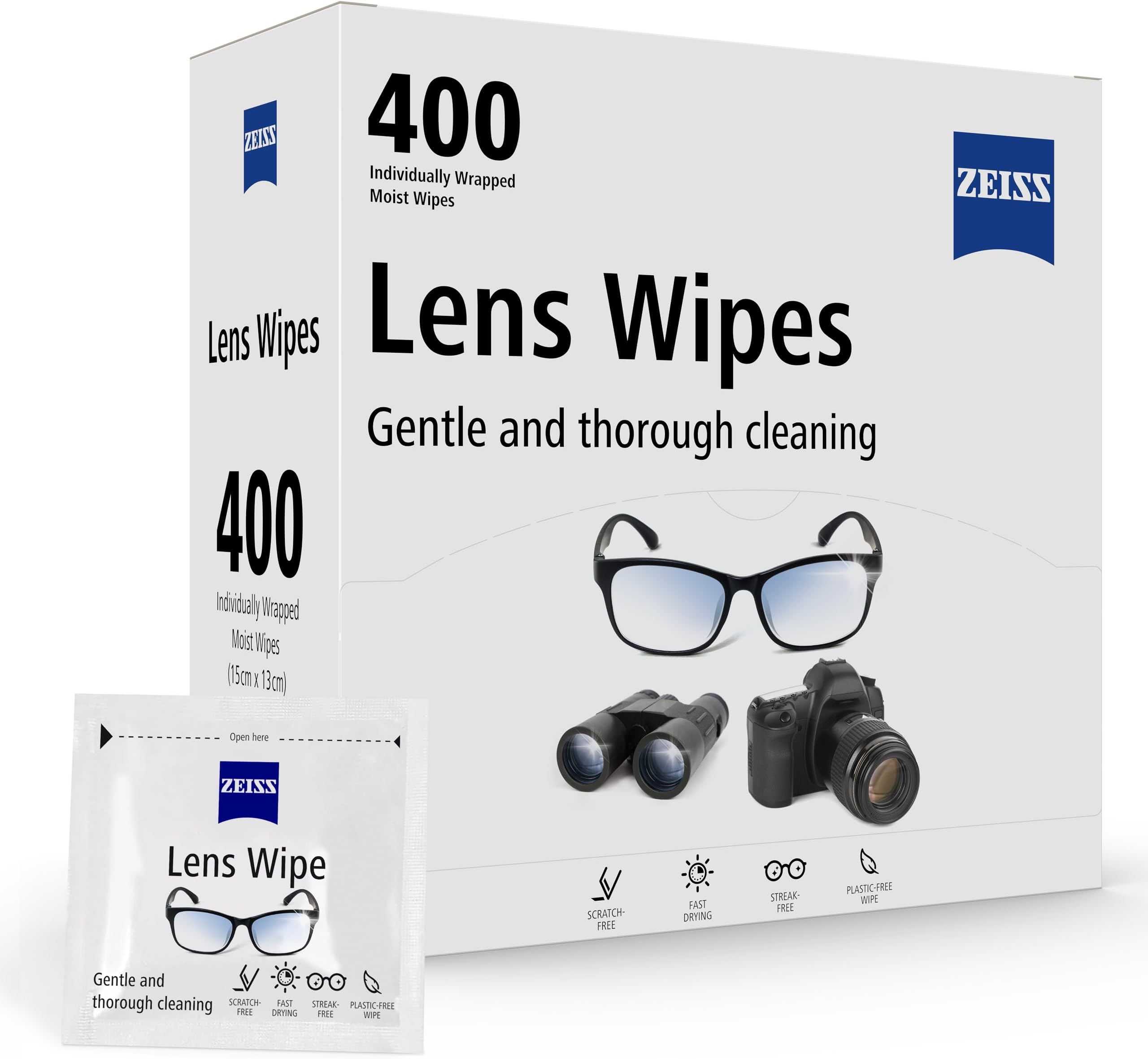ZEISS Lens Wipes, Lens Cleaner for Glasses, Cameras & Binoculars,Individually Packed Single Use Disposable Cloths in Sachets, for Handy and Portable Spectacle Cleaning On The Go, 400 Count (Pack of 1)