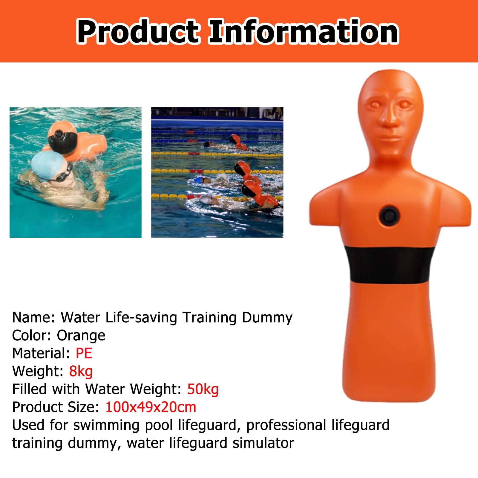 MZZKFC Orange & Yellow Water Emergency Drill Dummy for Training, Large Fire Training Drill Dummys with 3 Water Filling Holes, 1m Swimming Teaching Tools for Kids/Adults(Orange)