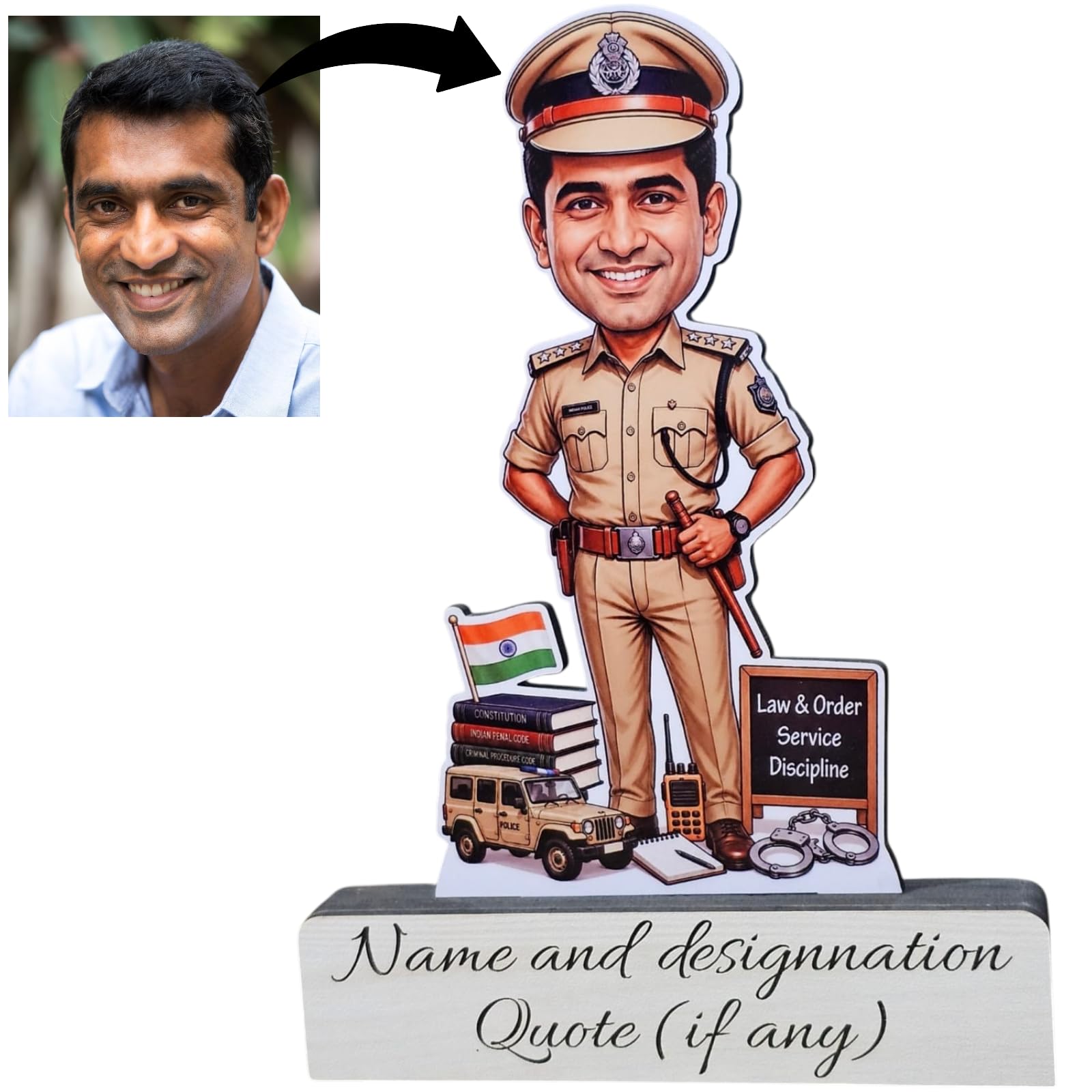 Personalized Profession Caricature Standee - Custom Photo Cutout with Name, Designation & Message | Premium Glass Coated Glossy Sublimation MDF (Police Officer)-image-16