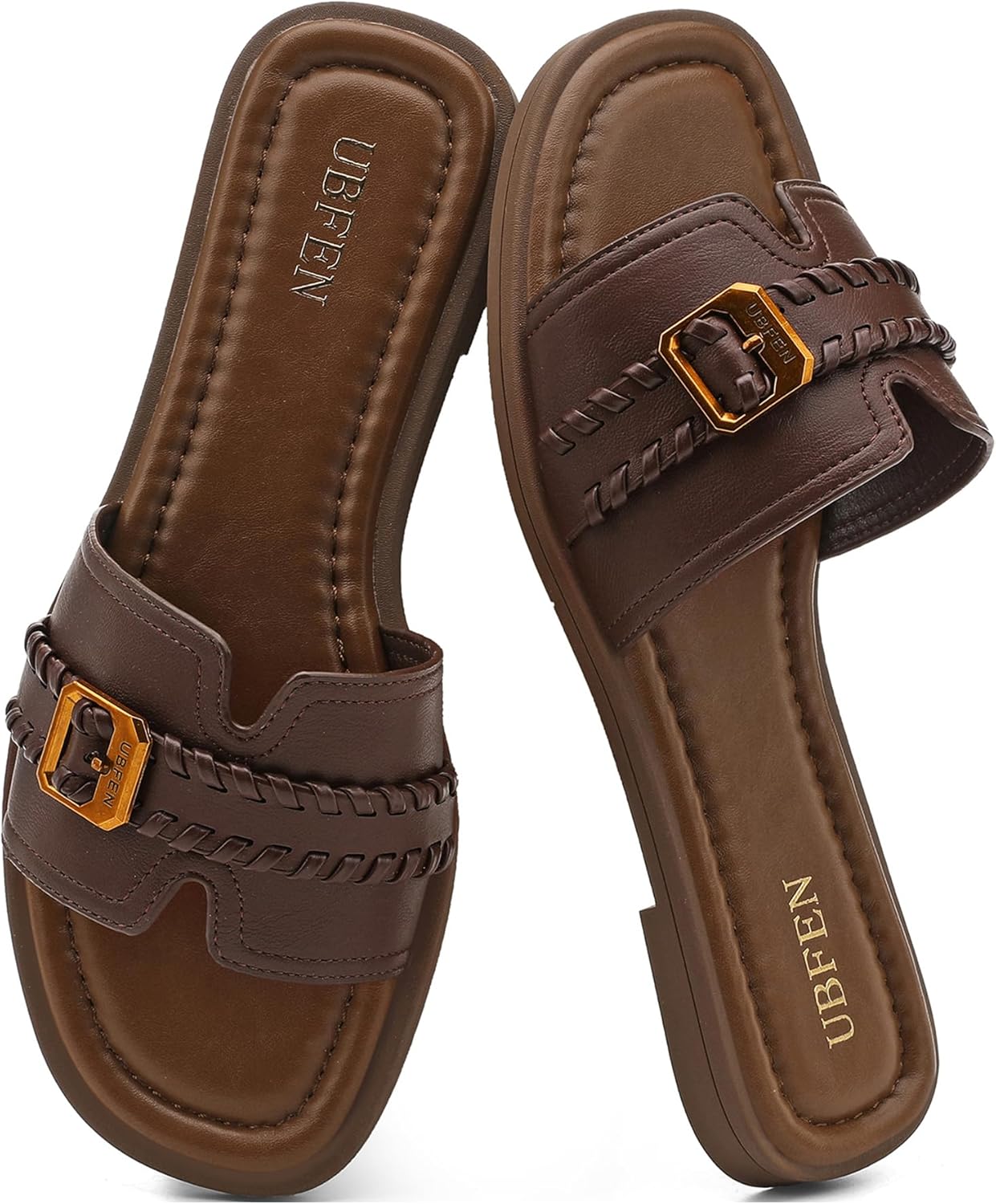 UBFEN Womens Slip On Flat Sandals Comfortable Single Strap Slides Dressy Open Toe Summer Shoes