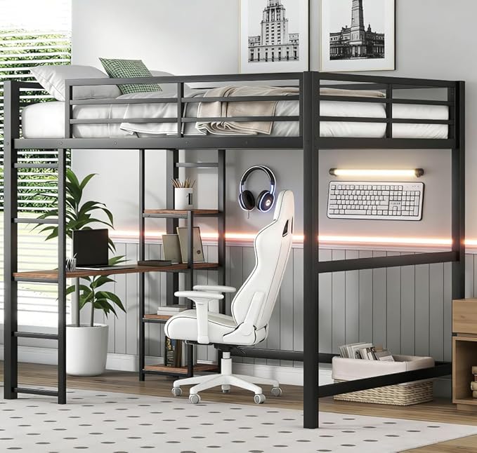 Bellemave Full Size Loft Bed with Desk and Storage Shelf and Ladder