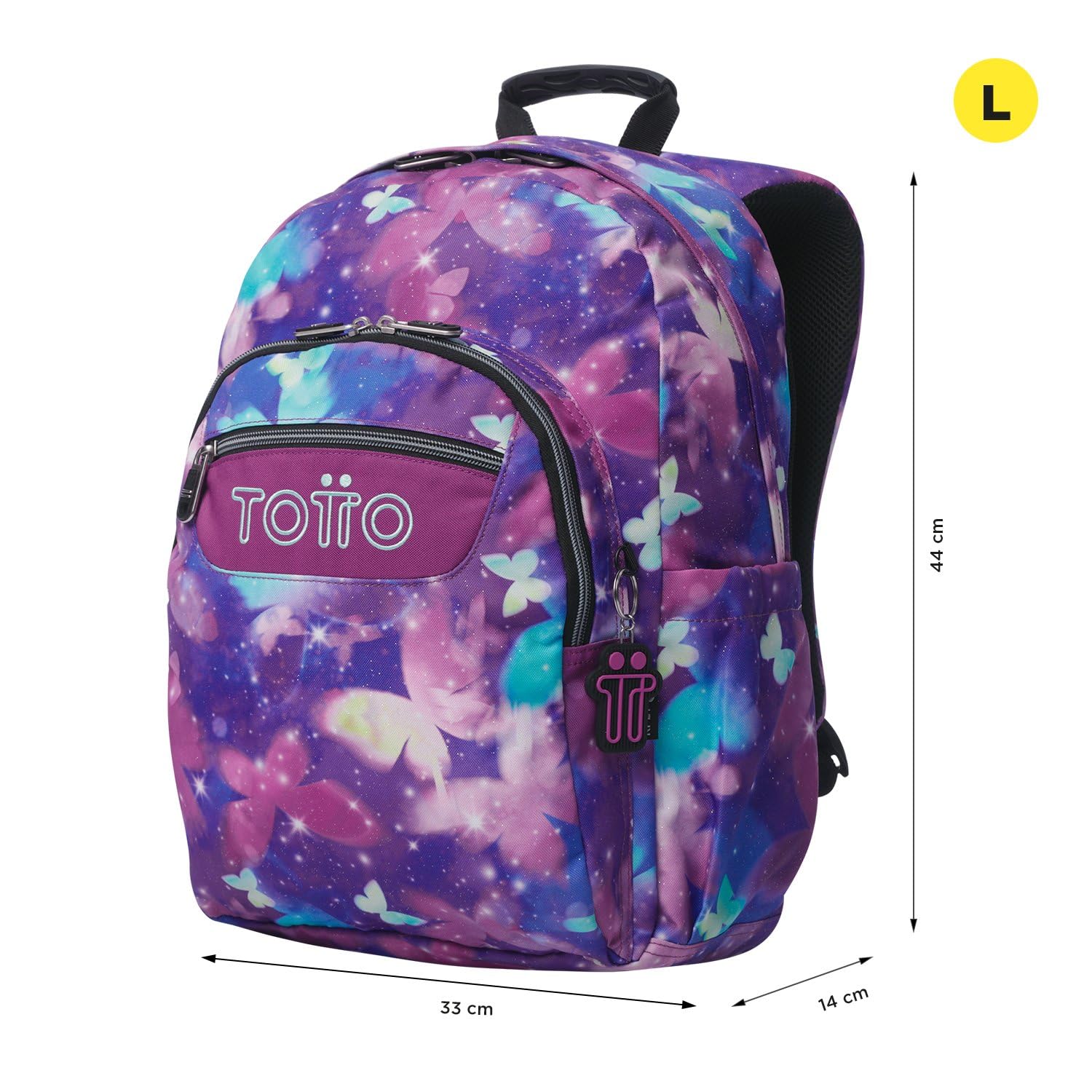 TOTTO - Mochila Escolar Adaptable a Carro, Modelo Acuareles, Capacidad 20 L, Bolsillo Pc 14", 2 Bolsillo Botella, Espaldar Ergonómico con Flujo de Aire, Correas en S, Estampado Star Butterfly Glitter