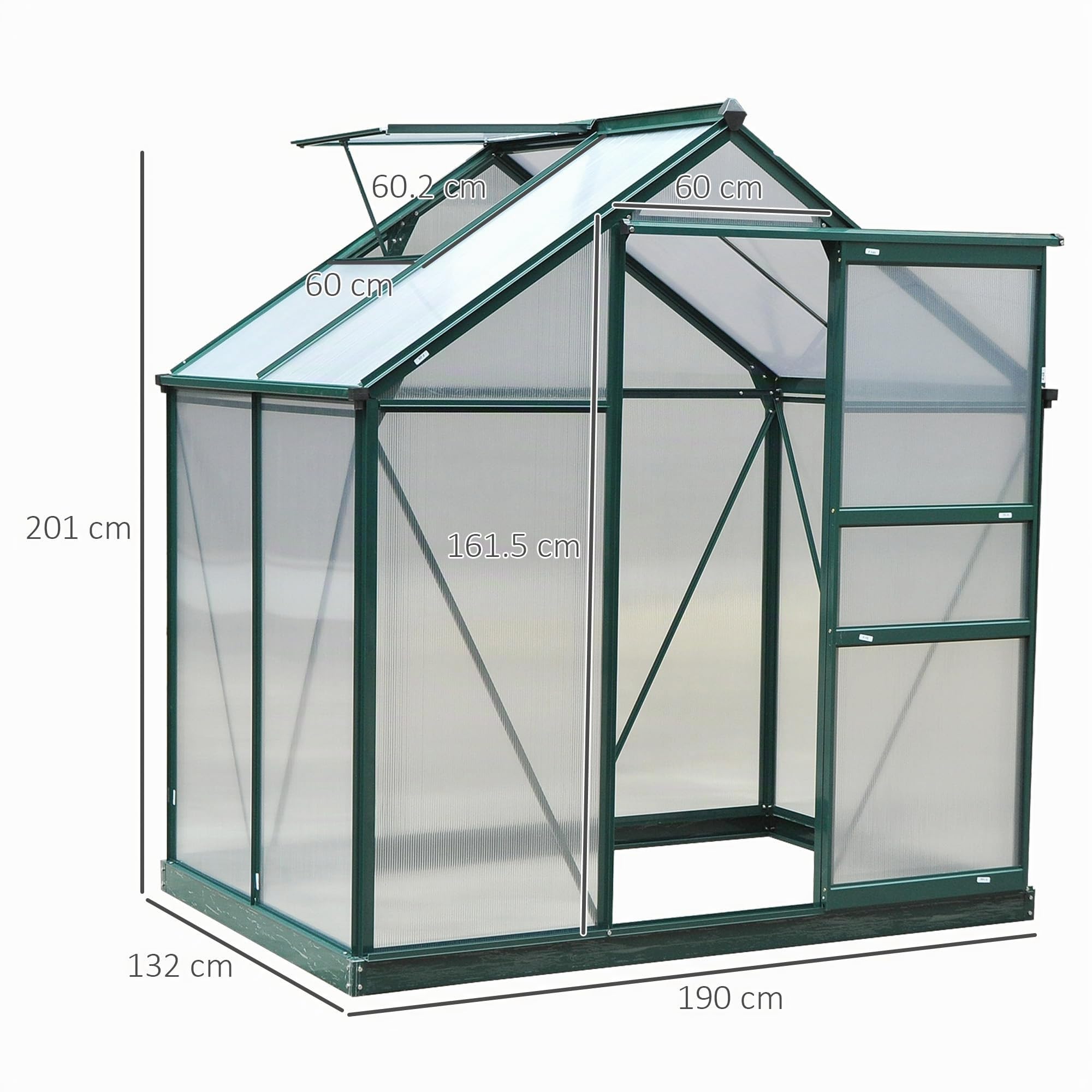 Outsunny Serra da Giardino in Policarbonato 190x132x201cm con Base | Struttura in Alluminio, Serra per Piante, Finestra, Porta Scorrevole