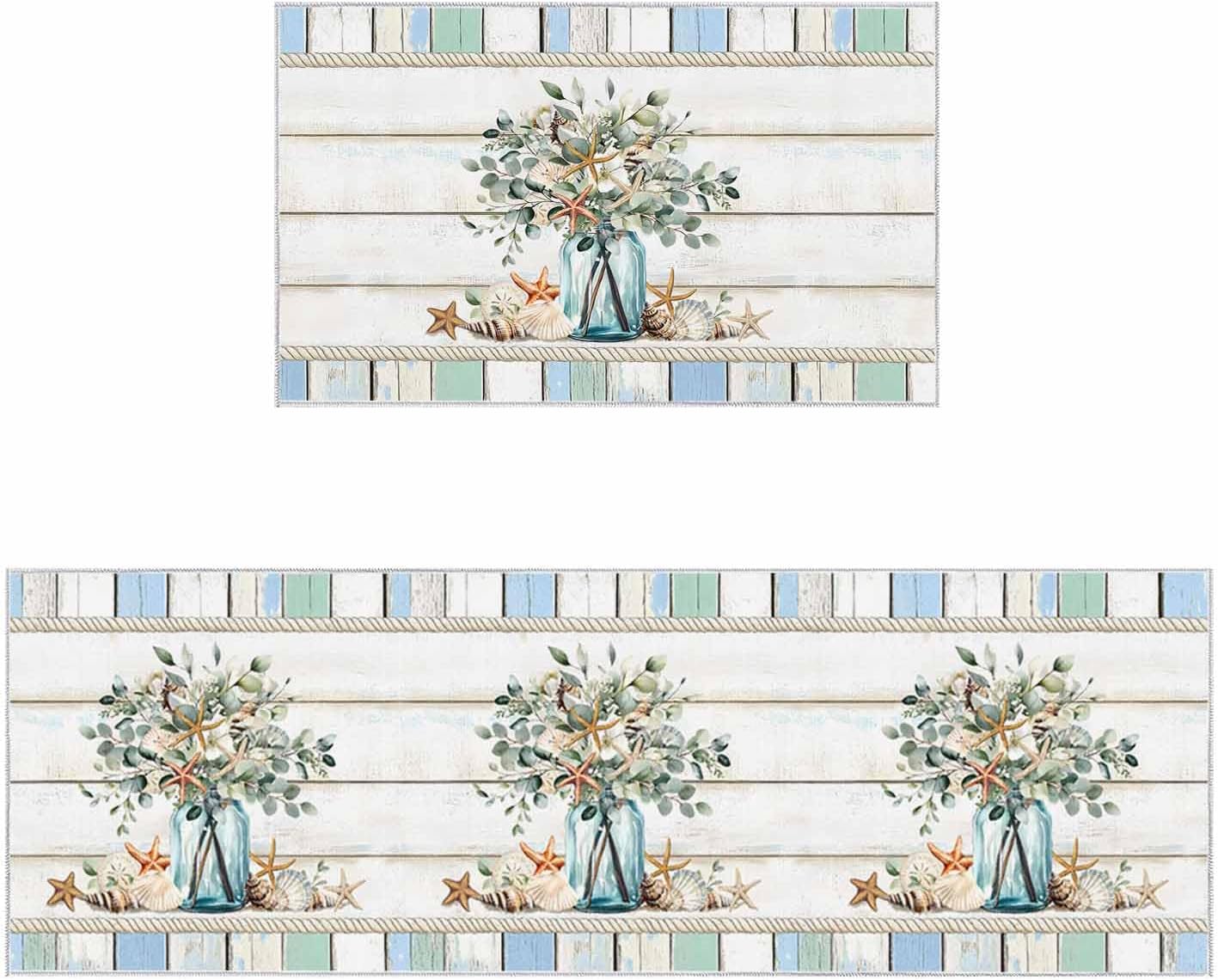2 Pieces Kitchen Rugs and Mats,Ocean Starfish Conch Shell Eucalyptus Leaf Area Runner Rug Set Non Slip Floor Doormat Washable Carpet Standing Mat for Kitchen Sink Indoor Corridor,Vintage Rustic Wood