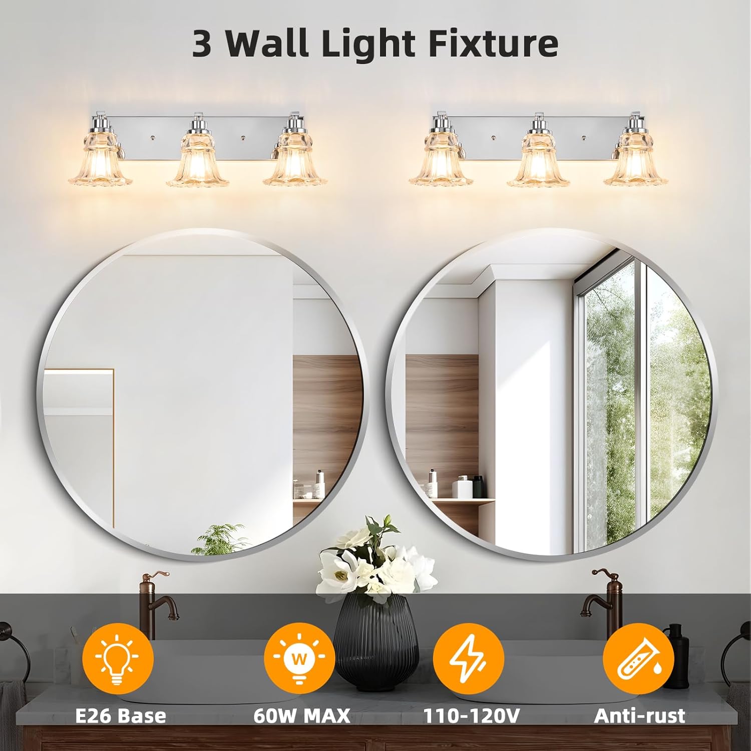 Vintage 3-Light Bathroom Vanity Light, Chrome Bathroom Light Fixtures with Floral Clear Glass Shades, Antique Wall Sconce Fixtures for Dressing Table, Bedroom