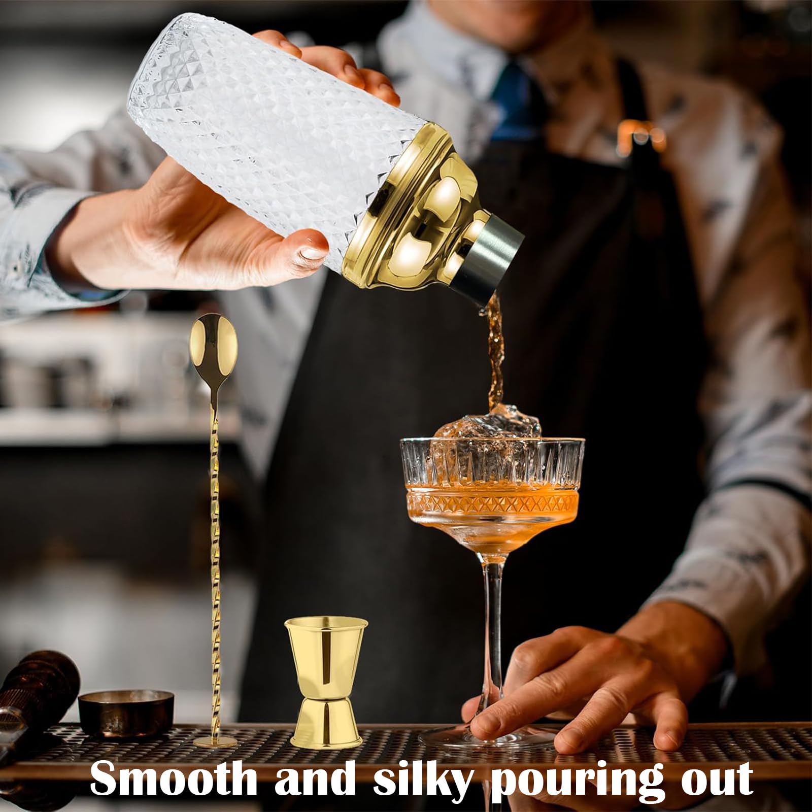 Set Di Shaker per Cocktail In Vetro 400ml, Shaker Da Cocktail In Vetro Trasparente, 400 Ml Shaker In Cristallo, Con Misurino e Cucchiaio, per Bar Domestici, Bevande a Base Di Succhi Di Frutta, Oro