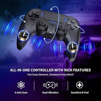 JDDWIN LED Wireless Gaming Controller for PS5/PC/Android/IOS/MAC/Steam Deck,Hall Effect Joystick, Bluetooth, 3.5mm Audio Jack, Dual Vibration, 6-Axis Motion Contro Gamepad with Speaker (Black)