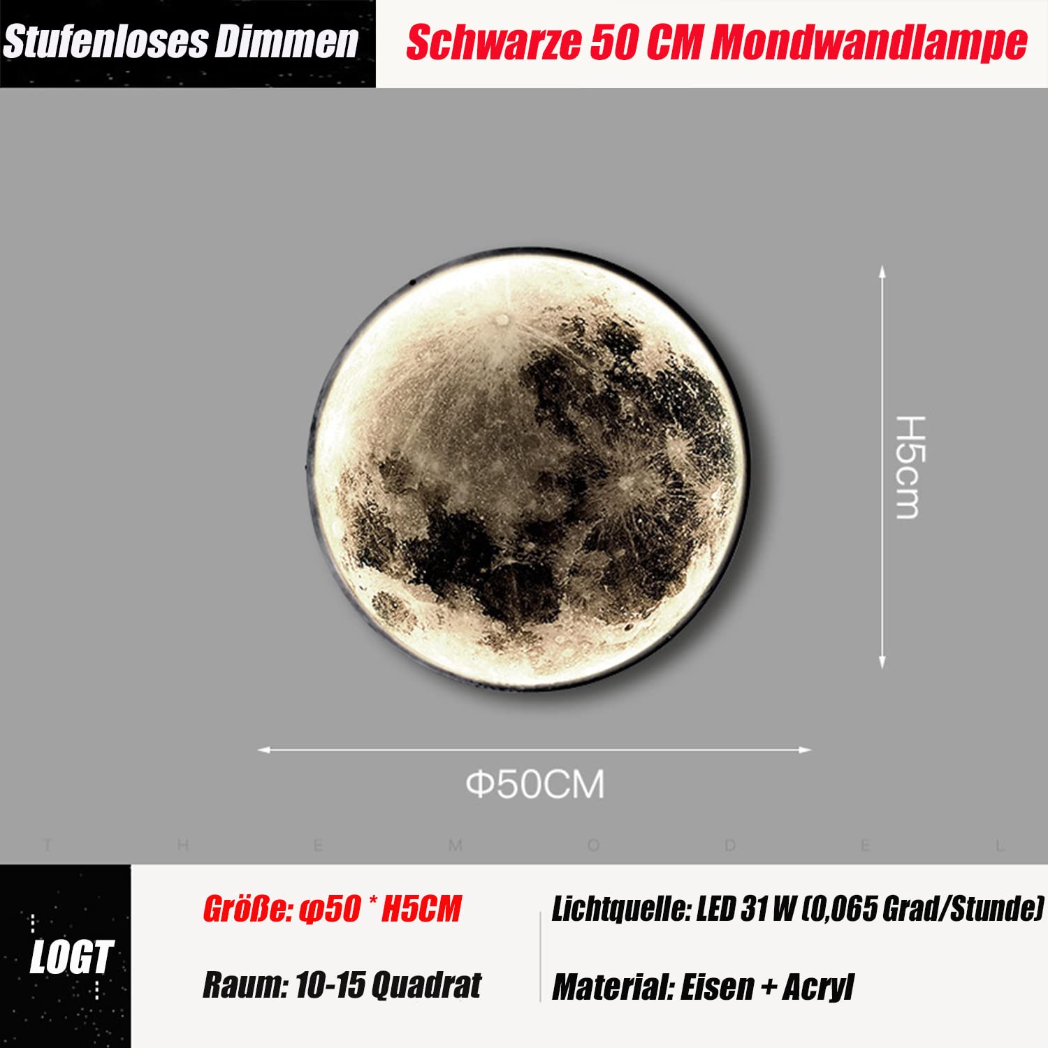 Lámpara de pared LED con forma de luna, moderna, para interni, regolabile, con mando a distancia, metallo y acrilico, lámpara decorativo para mesita de noche, lámpara de noche, lámpara de noch