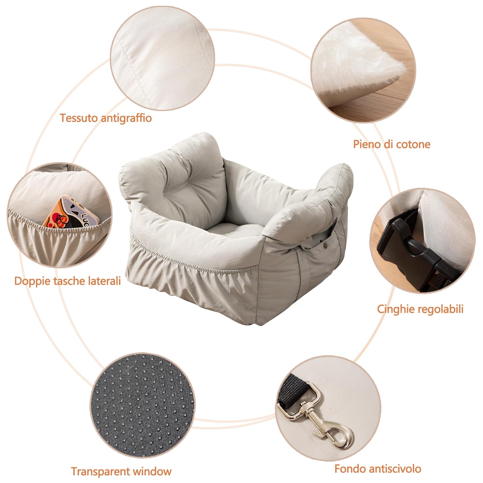 Galatée Seggiolino Auto Per Animali, Seggiolino Auto Per Cani, Borsa Per Cani Con Corda Di Sicurezza, Borsa Trasportino Alla Moda Per Animali Con Ampie Tasche(Grigio)