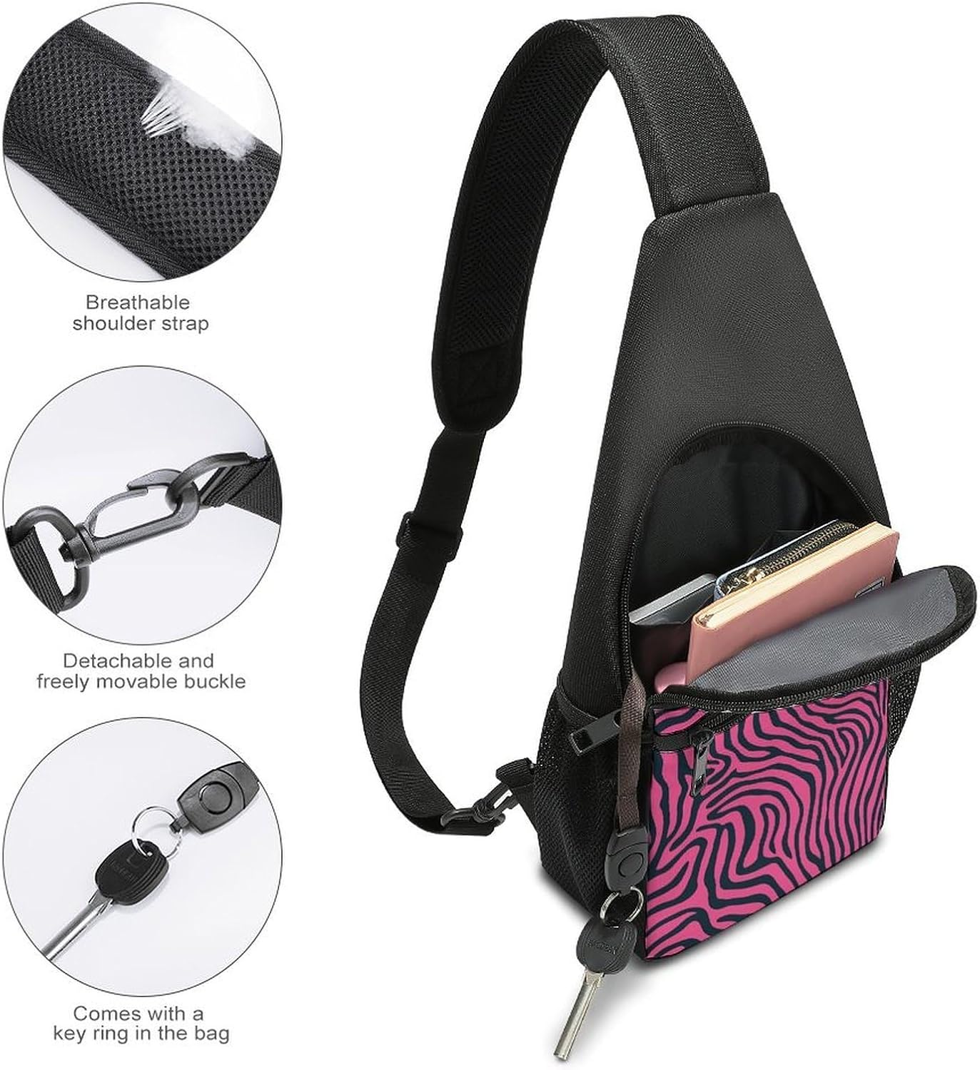 Pinkblack Zebras Print Crossbody Sling Backpack Chest Bag Daypack | unisex,trendy,with convertible and detachable shoulder strap,side pockets