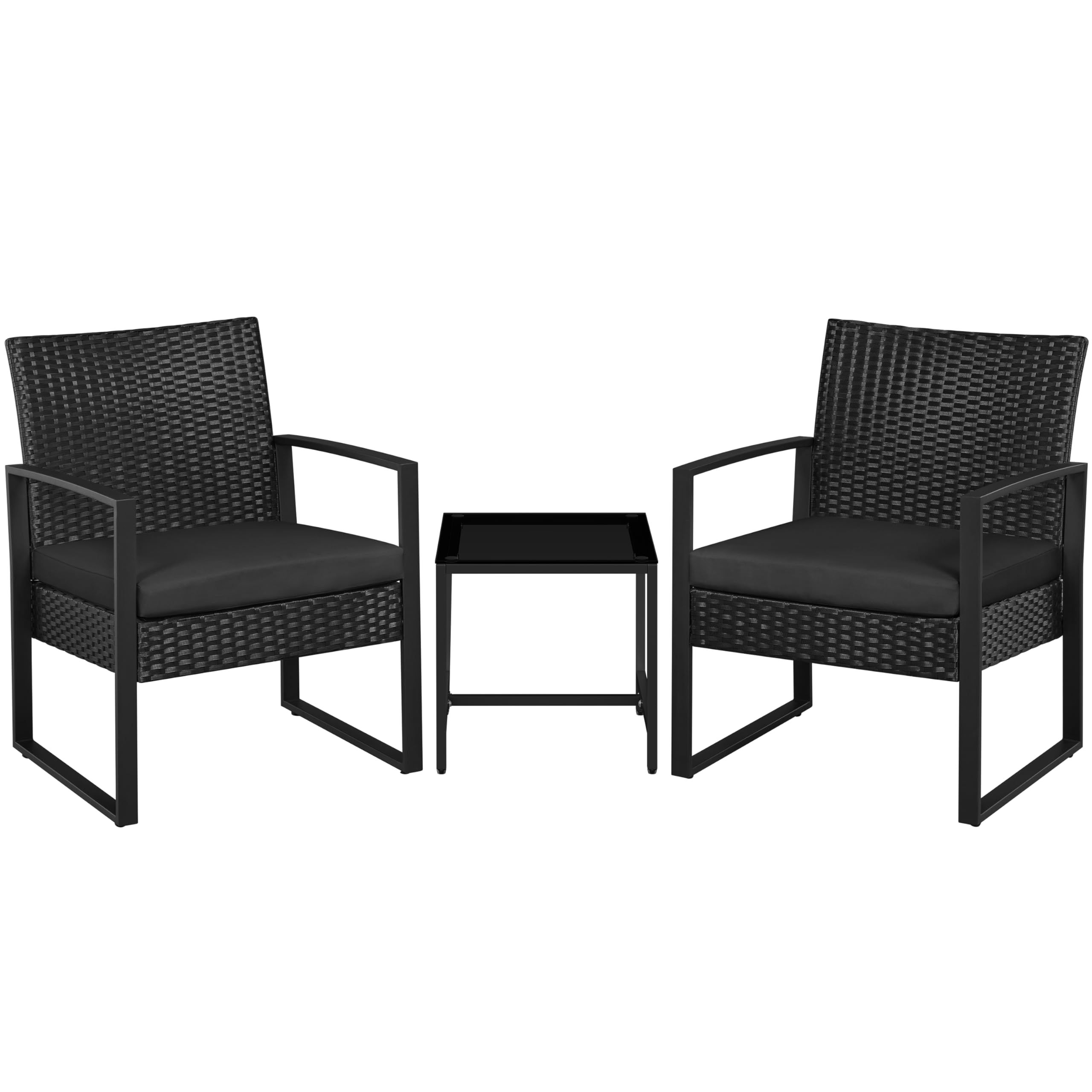 Yaheetech Balkonmöbel Set, Gartenmöbel-Set aus PE-Polyrattan Wetterfest inkl. 2 Stühle mit Sitzkissen & Tisch, 3 Teilig Terrassenmöbel Sitzgruppe Lounge Set für Balkon/Terrasse/Garten, Schwarz