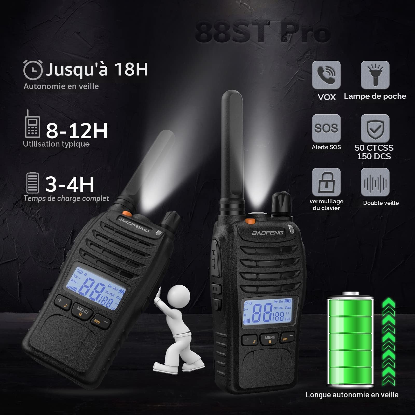 BAOFENG BF-88ST Pro PMR446 Talkie Walkie Rechargeable sans Licence avec Grande Portée, écran LCD, Double Montre VOX, Chargeur USB de Bureau et écouteurs pour Le Camping en Plein air, 4PCS