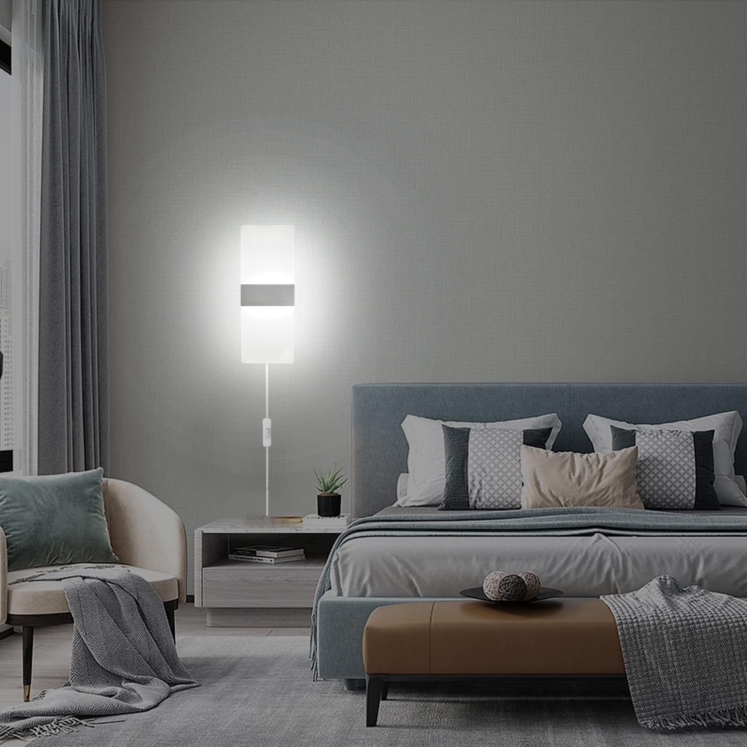 KICAAO Wall Sconces Set of Two, Modern Wall Sconce Plug in 10W 6000K Cool White Acrylic Wall Lights with 6FT/180cm Plug in Cord and On/Off Switch on The Cord