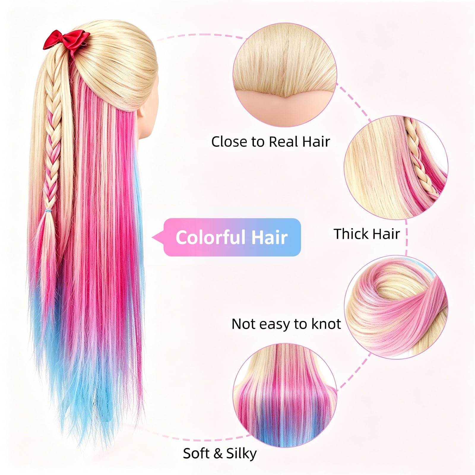 Cabeza Peluqueria, TopDirect 29.5"/75cm Cabello Colorido Cabeza Maniquí Peluqueria Practicas Formación Muñeca de la Cosmetología con Soporte + Accesorios de Peinado Kit Set