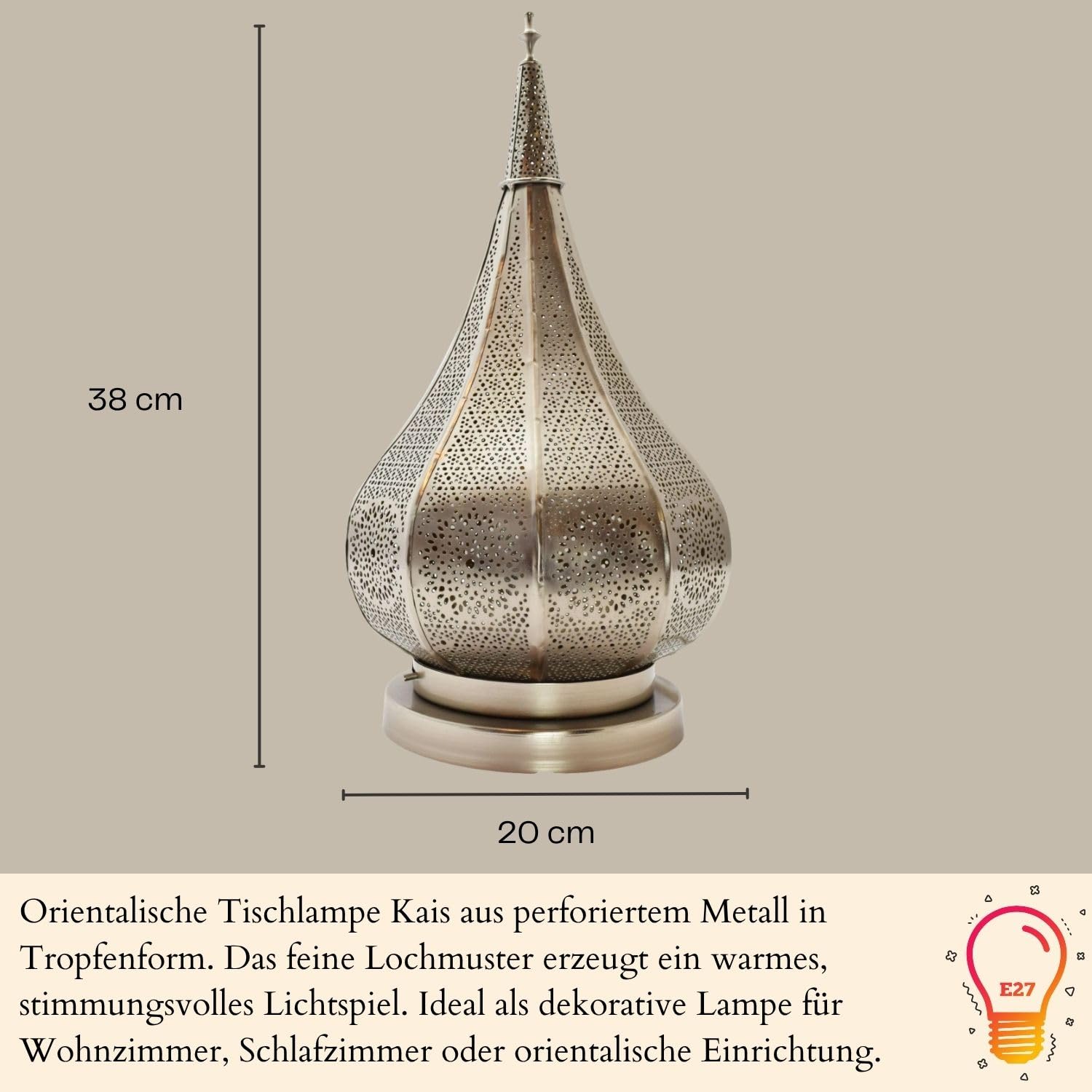 Orientalna mała lampa stołowa Kais 38 cm srebrna E14 | marokańska lampa stołowa mała z metalu, abażur | nowoczesna lampa na stolik nocny, styl vintage, retro i dworkowy