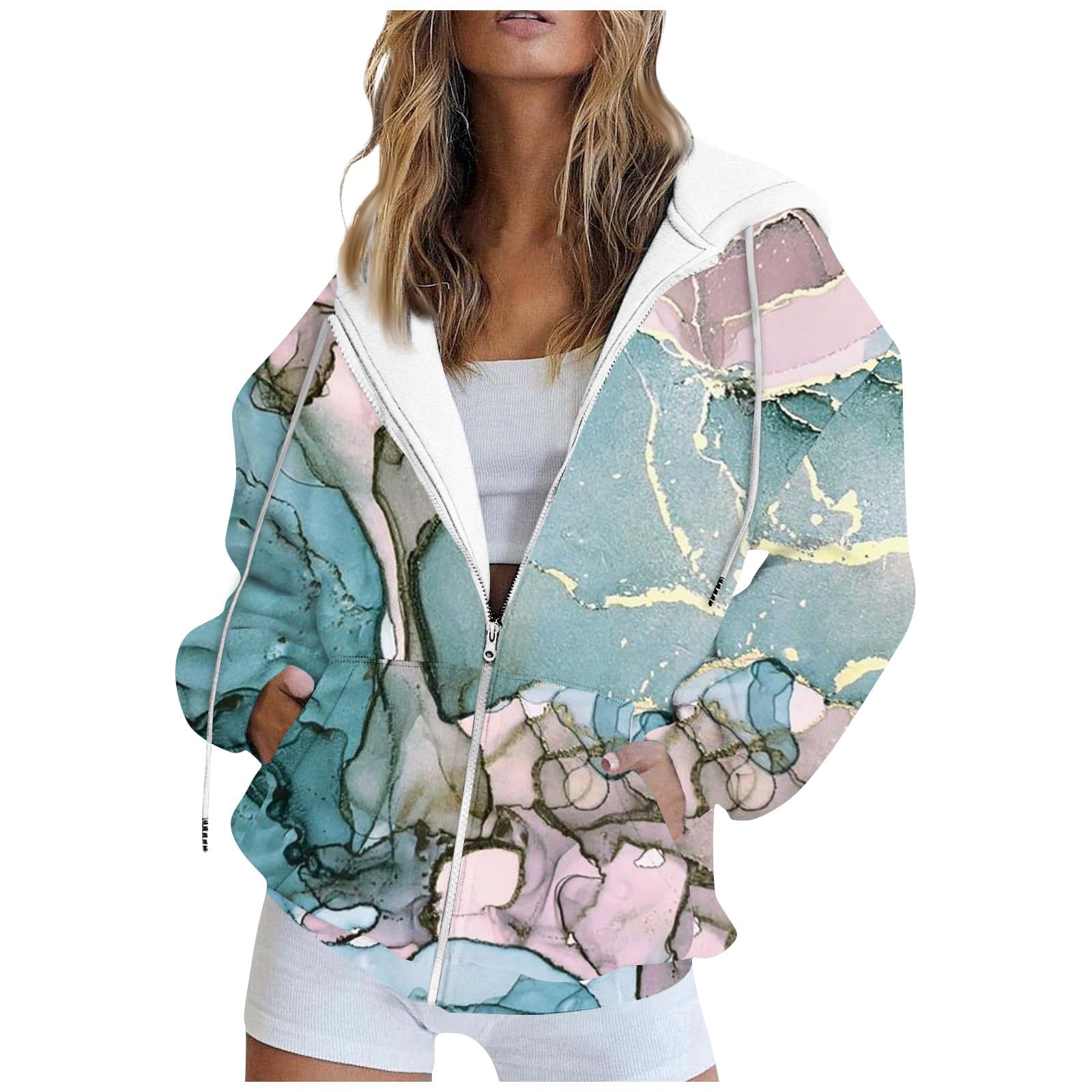 HBUYSHUWWomen Gradient Zipper Hoodies Casual Oversized Sweatshirts With Pocket Y2k Fleece Comfy Jacket Cute Daily Outfits