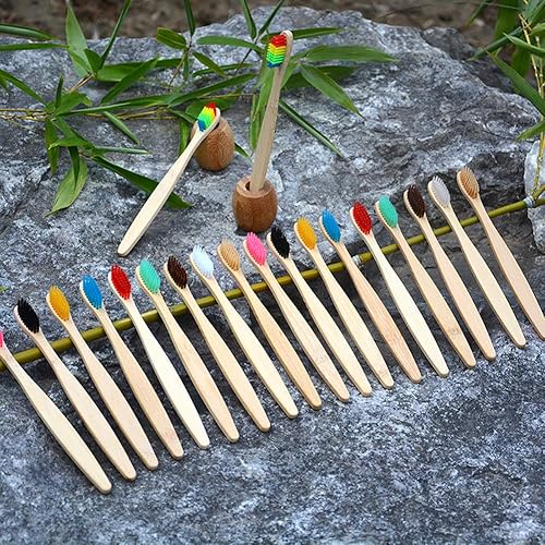 Miniatura 3 de Cepillo de dientes de cerdas suaves, 10 unidades, mango plano de bambú, cerdas suaves para adultos, cuidado de las encías, color aleatorio