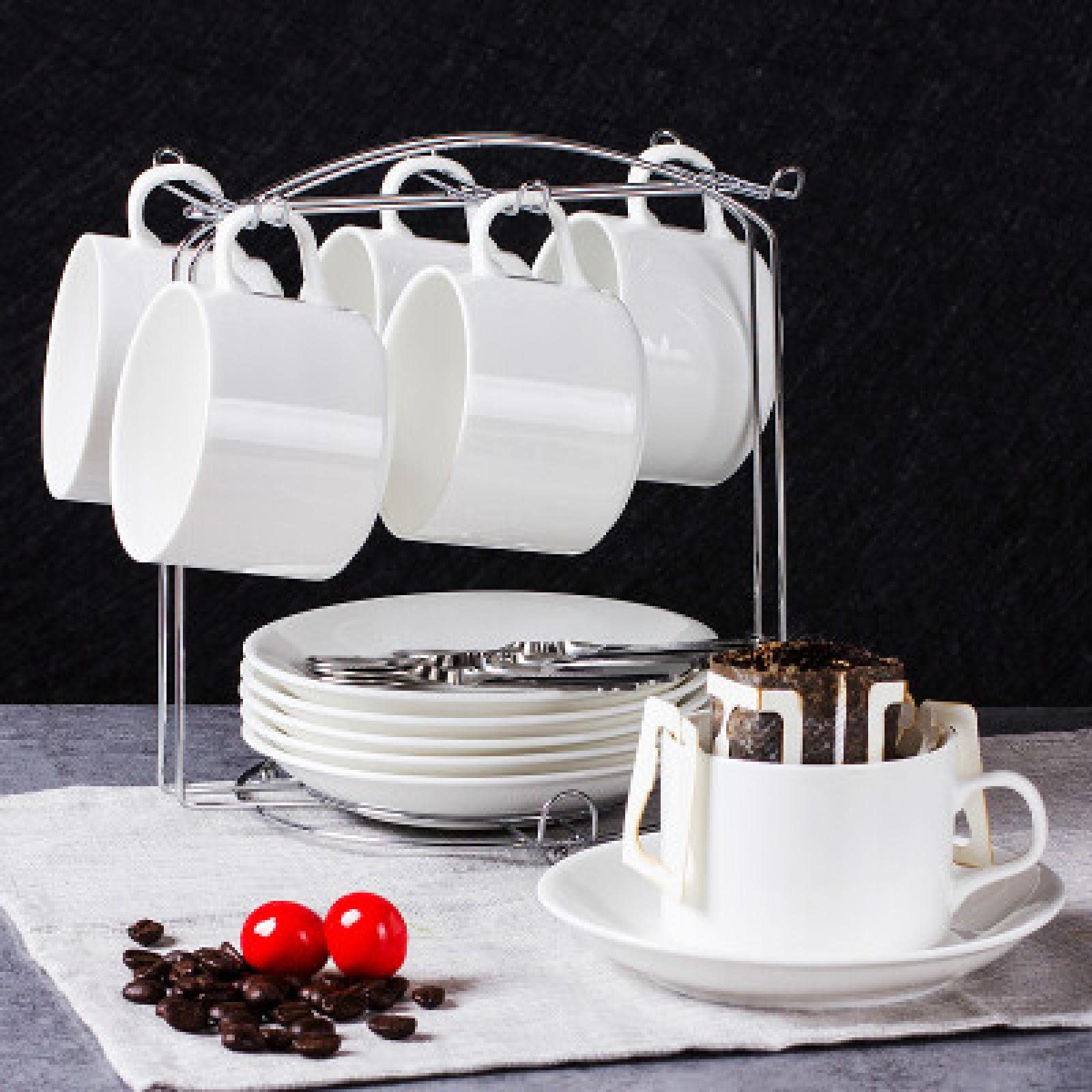 GHY DecorCeramic Coffee Cup Set Ceramic Cup Plate Coffee Cup 6-Piece Set Phnom Penh 6 Cups 6 Plates 6 Spoons +1 Cup Holder Pure White