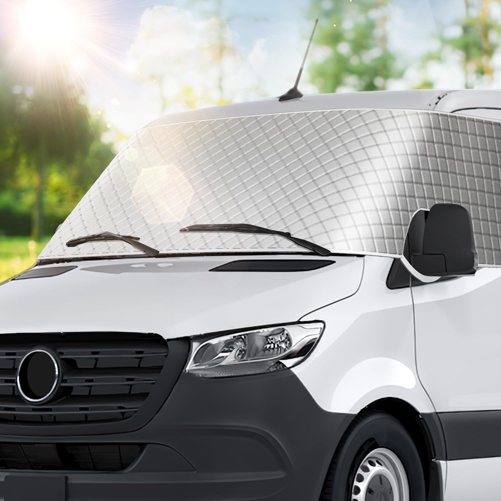 BougeRV RV Windshield Window Snow Cover for Class B Dodge Mercedes Sprinter (2006-2015) for Front Window Sunshade Accessories with Mirror Cutouts, Silver