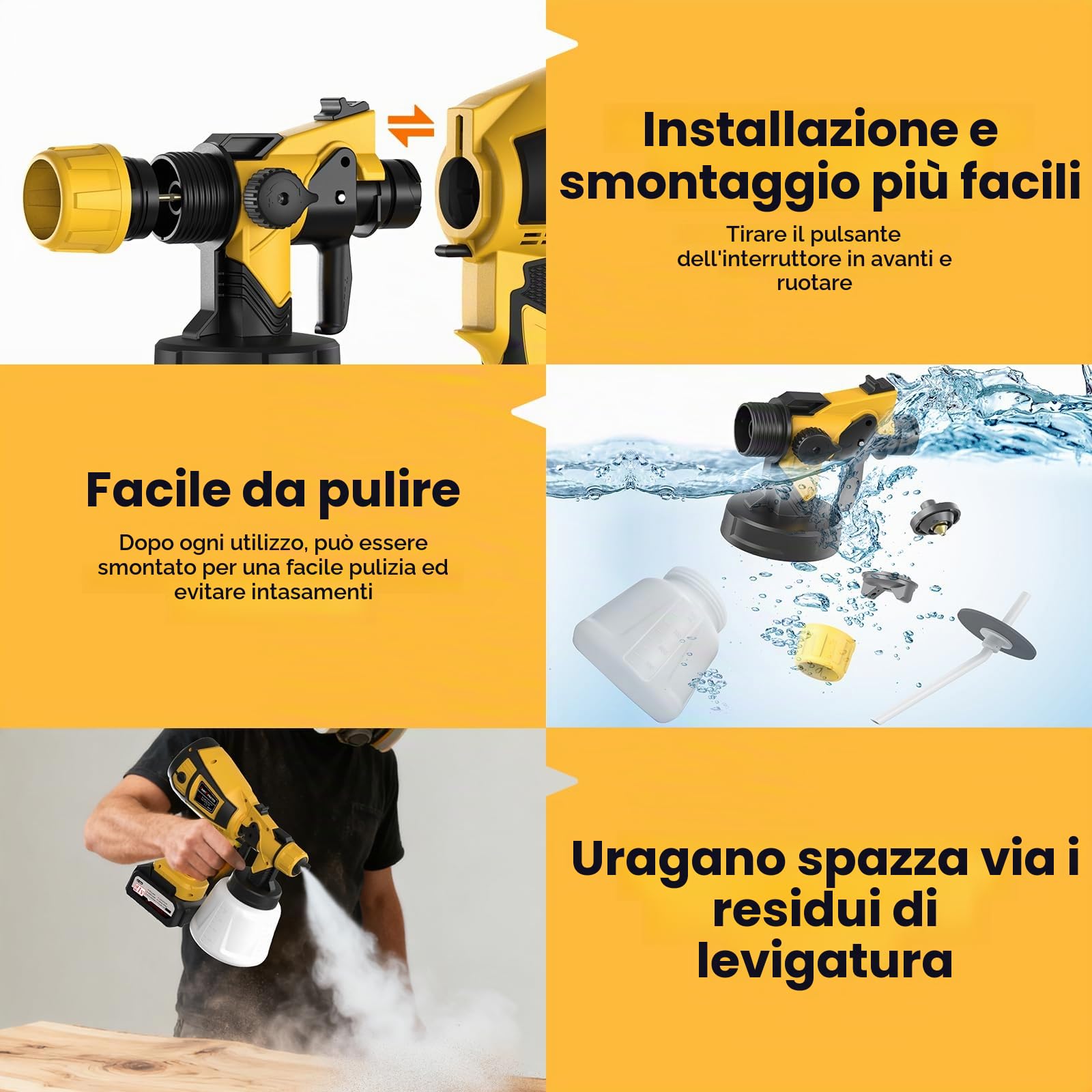 Pistola Vernice a Spruzzo, Verniciatore a Spruzzo a Batteria 2x4000mah, HVLP 650W Pistola Spruzzo Vernice con Serbatoio da 1200ML,6 Ugelli & 3 Modelli per Pareti, Mobili, Interni ed Esterni (Giallo)