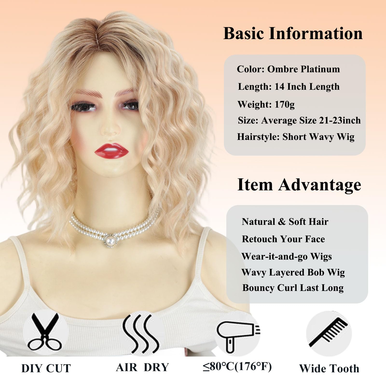 Pre Cut Lace Platinum Blonde Perücke Damen Schulterlange Gewellte Gestufte Bob Wig Perücke mit Pony,Echte Kopfhaut Synthetische Perücken für Dünnes Haar/Grauabdeckung Täglichen Gebrauch