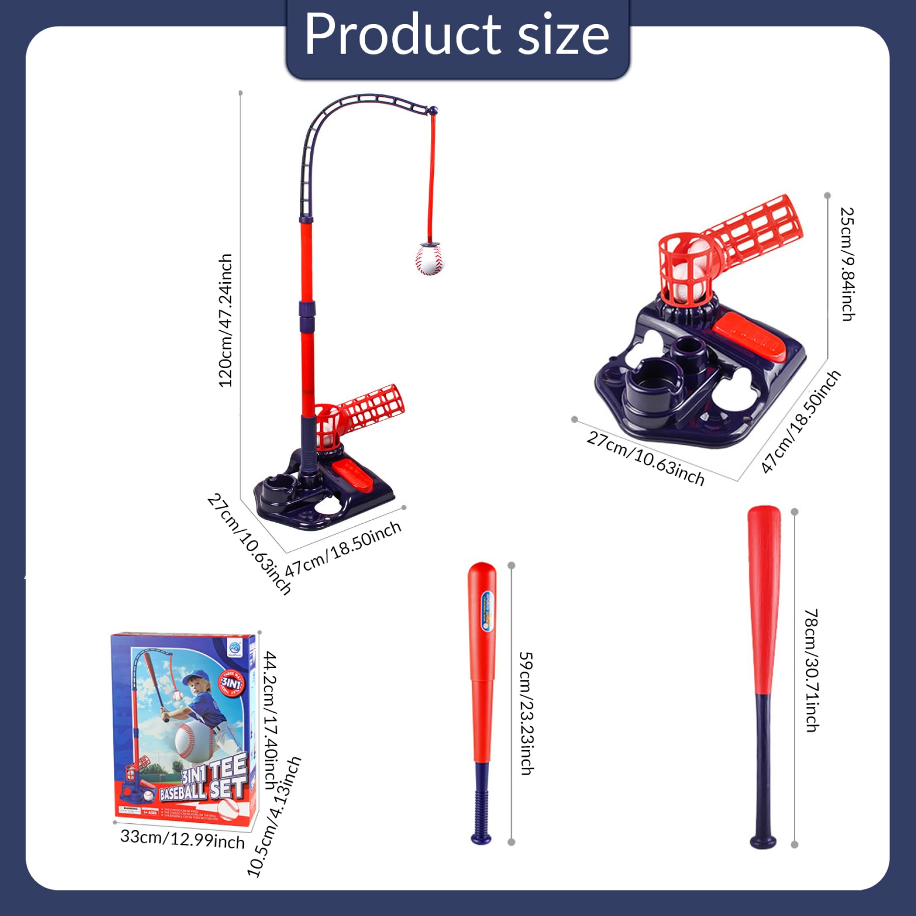 Tee Ball Set, 3-en-1 Tee Tee Popper Set avec Machine à Lancer, frappeurs réglables, Batte de Baseball rétractable ＆ 4 balles, Popper pour Les Cadeaux pour Enfants, Jouets