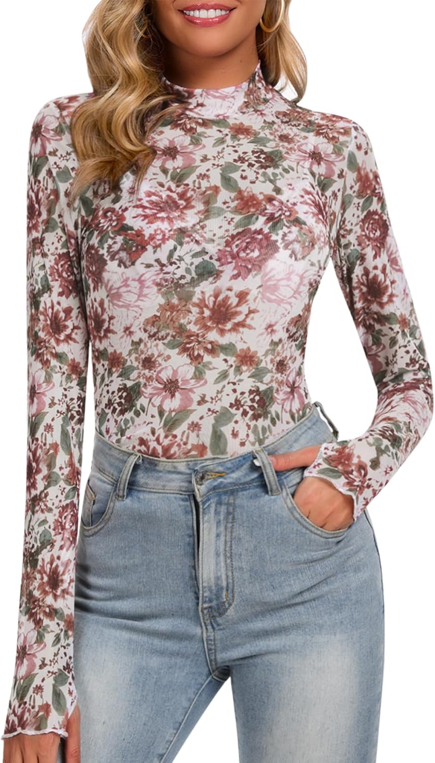 Womens Floral Mesh Long Sleeve Tops Mock Neck Sheer Lace Undershirt with Thumb Hole 2025 Trendy Shirts - Image 2