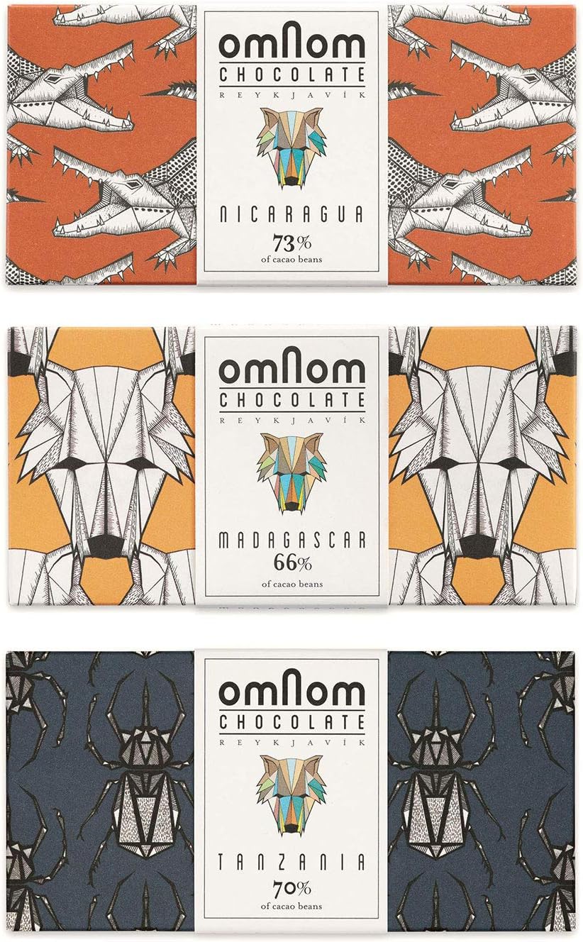 OmNom Dark Chocolate Trio | Nicaragua 75%, Madagascar 66%, Tanzania 70% | Icelandic Bean To Bar Chocolate by OMNOM CHOCOLATE REYKJAVIK | 3 x 60g Bar