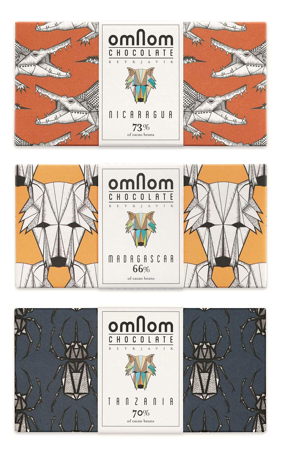 OmNom Dark Chocolate Trio | Nicaragua 75%, Madagascar 66%, Tanzania 70% | Icelandic Bean To Bar Chocolate by OMNOM CHOCOLATE REYKJAVIK | 3 x 60g Bar