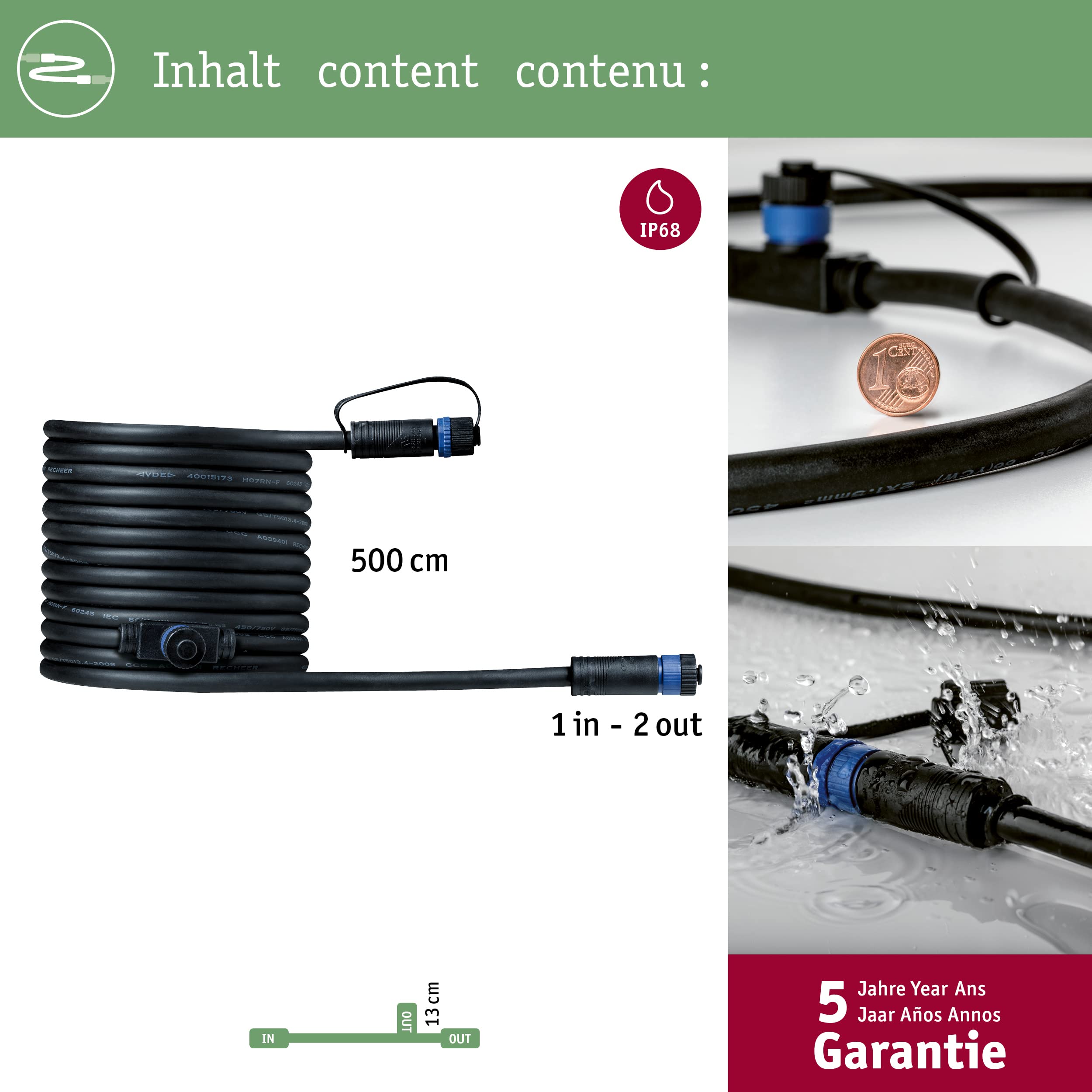 Paulmann 93927 Outdoor Plug & Shine Connector 5 m 1in-2out IP68 2x1,5mm² 93927 przedłużacz kabel łączący oświetlenie zewnętrzne