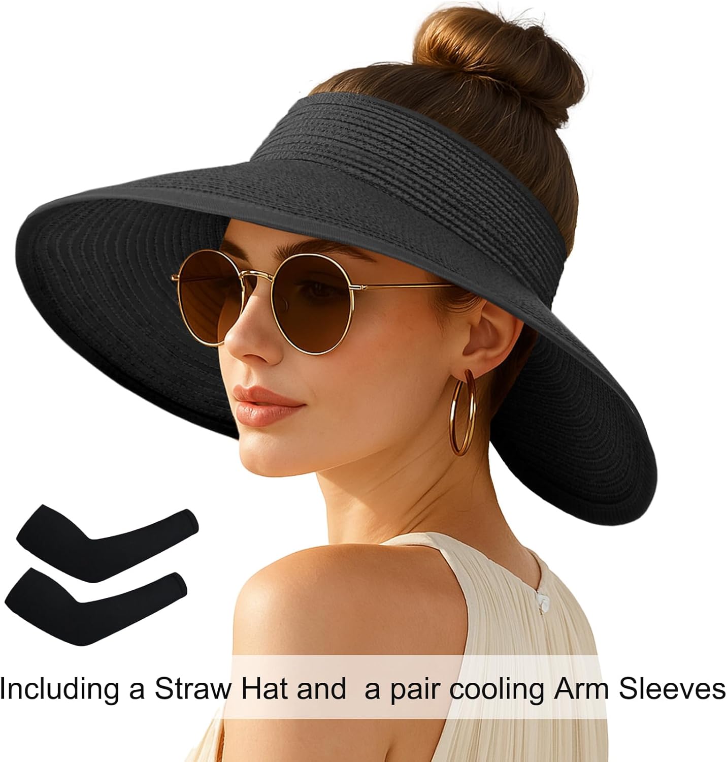 Women's Sun Visor Hats Wide Brim Straw Beach Hat Ponytail Hats for Women Foldable Floppy - Image 2