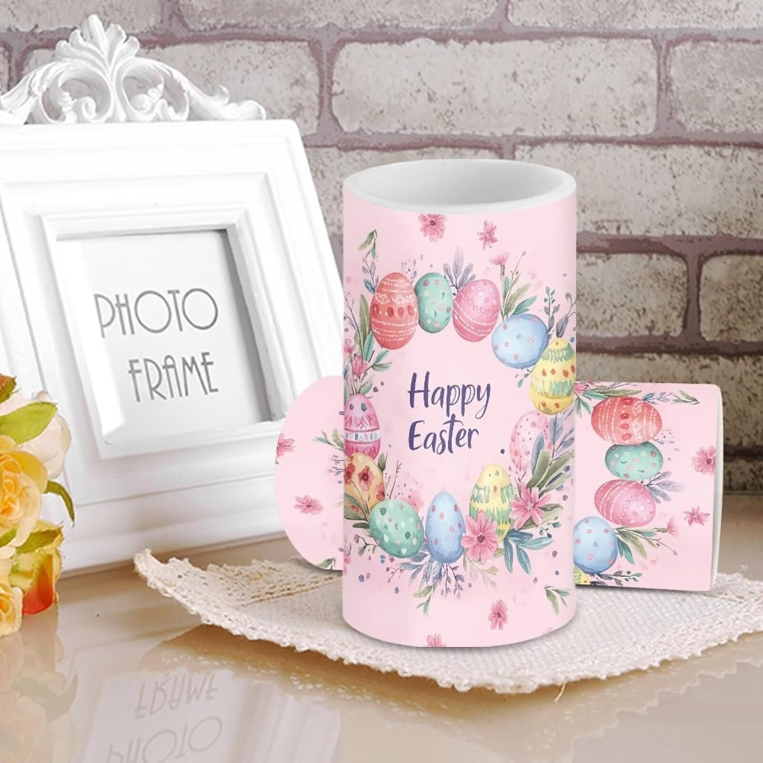 Easter Decorations Indoor Candles with Eggs Floral Pink Flameless Candles with Remote and Timer Set of 2 Battery Operated LED Candles for Festival Gift Home Room Decor