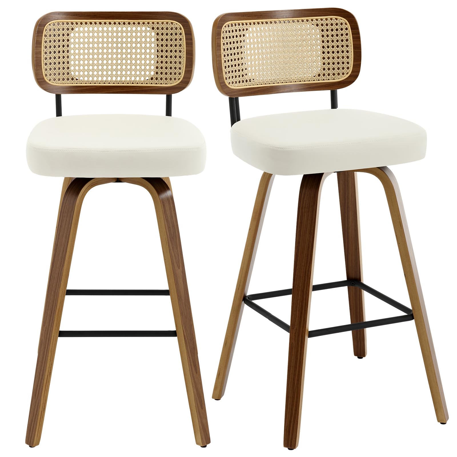 Bekrvio Juego de 2 taburetes giratorios de bar, altura de asiento 65 cm, con respaldo, tapizados en cuero PU y patas de madera de nogal, taburete de mostrador de estilo mid-century con reposapiés de