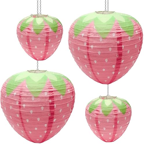 4 PCS Strawberry Paper Lantern Pink, Windspeed Large Strawberry Lantern Decorations Hanging Paper Lantern for Strawberry Party Decor 3D Strawberry Paper Lanterns 8 inch, 12 inch - Pink