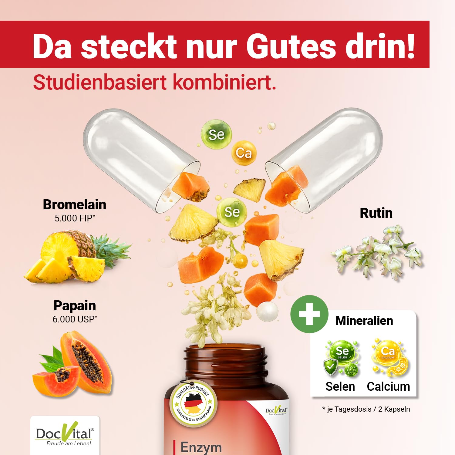 Enzym Komplex – 120 Kapseln mit 800mg Bromelain hochdosiert, Papain, Rutin ergänzt mit Selen & Calcium - Immunsystem* Unterstützung - vegan, laborgeprüft - Made in German