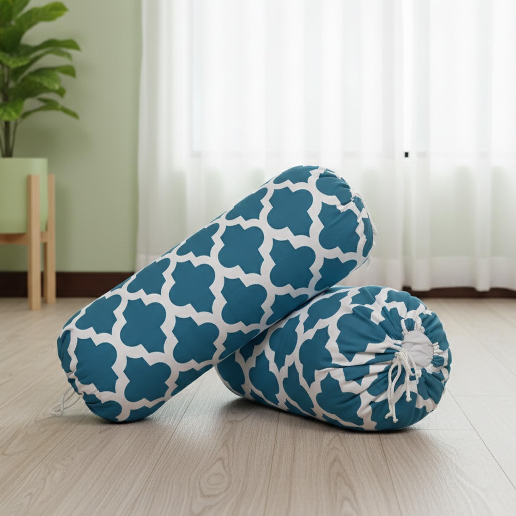 HOMEMONDE Cotton Bolster Round Cushion Covers 16 X 32 Inches For Living Room Decoration (Blue Quatrefoil)