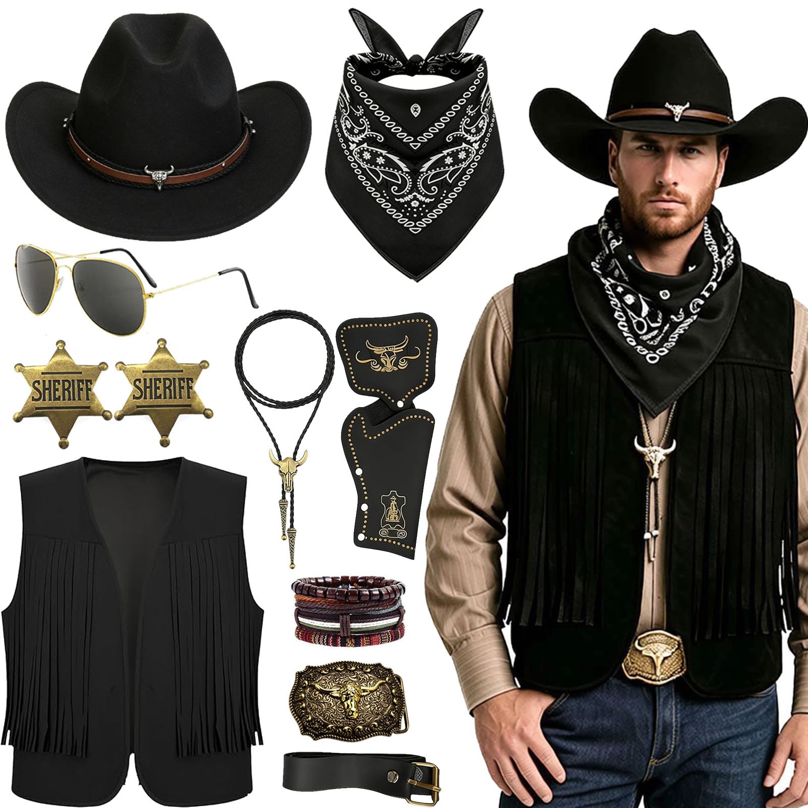JRZYTX Western Cowboy Costume for Men Cowboy Outfit Mens Retro Cowboys Fancy Dress for Western Theme Party Cosplay (BLACK, M)